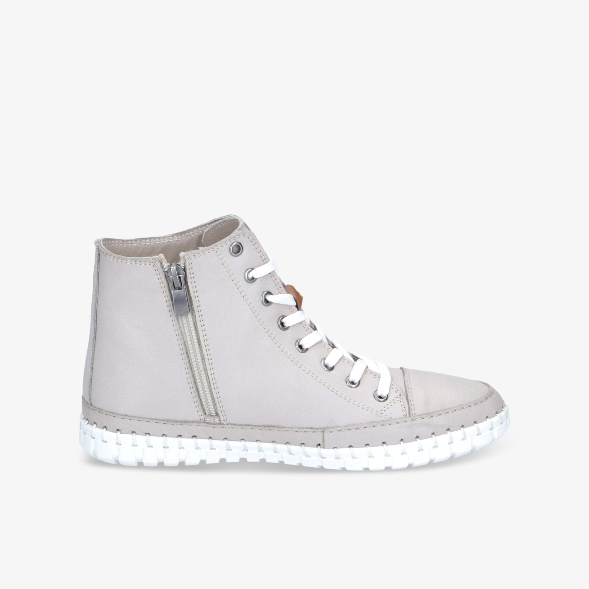 Hoch geschnittener Schuh mit seitlichem Reißverschluss und weißer Sohle, komfortabel und modisch, seitliche Ansicht