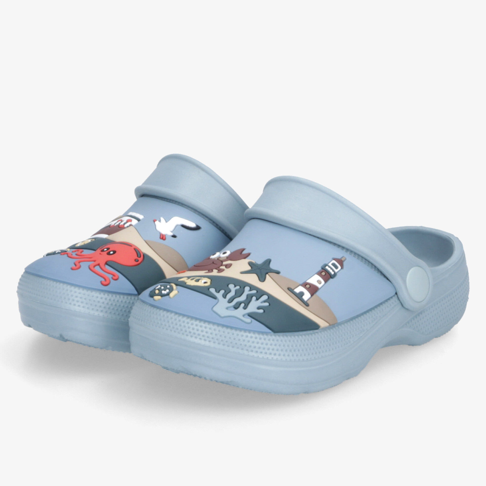 Bequeme und leichte blaue Clogs mit buntem Meeresmotiv, ideal für Strand und Freizeit