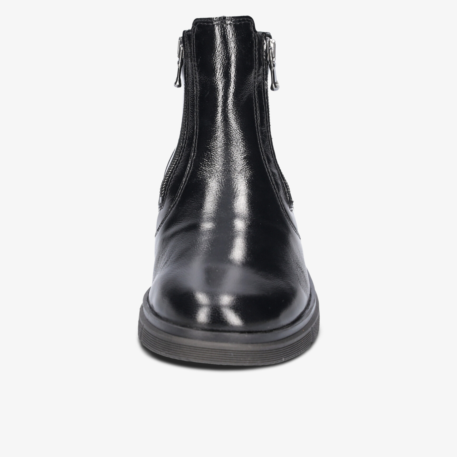 Schwarzer Lederstiefel mit Reißverschluss, glatter Oberfläche und robustem Absatz in klarer Frontansicht