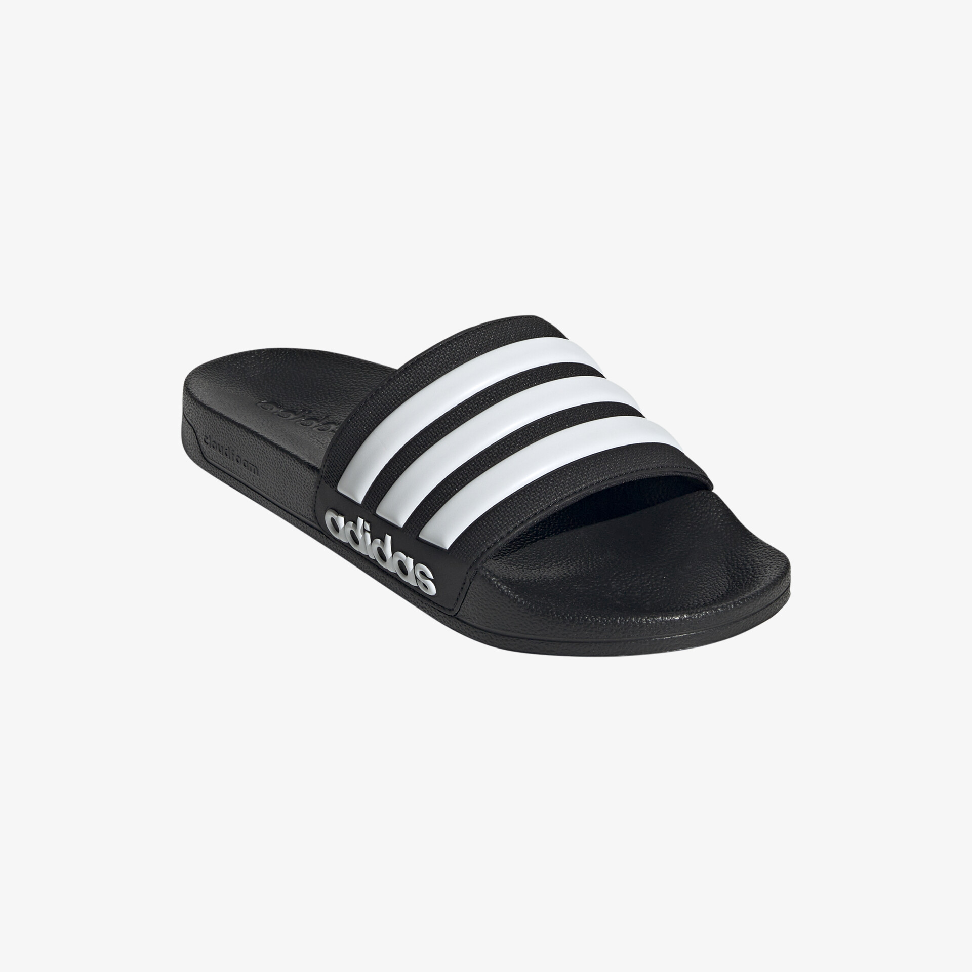 Bequeme, rutschfeste schwarze Sport-Sandale mit markanten weißen Streifen und gepolstertem Fußbett.