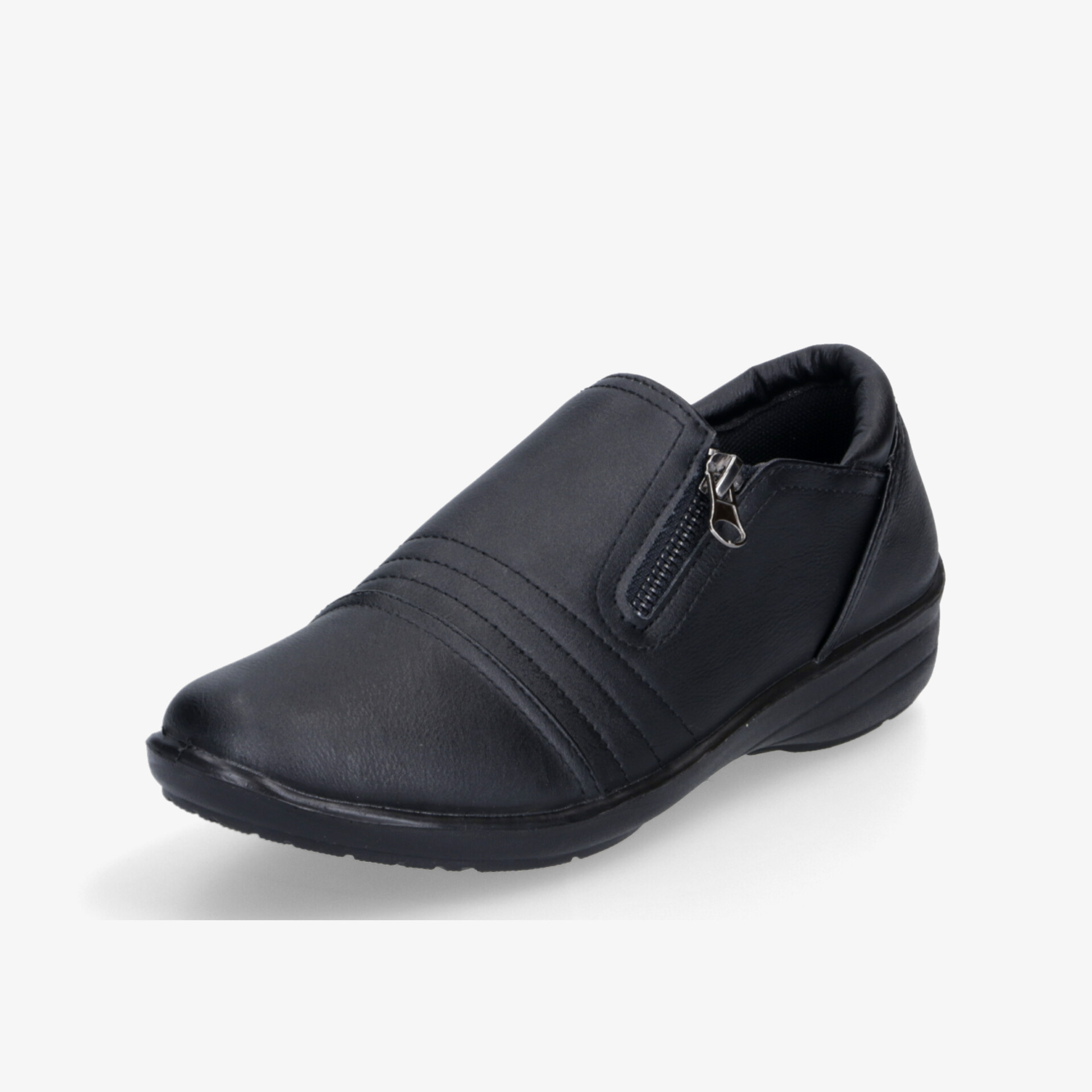 Schwarzer Schuh mit Reißverschluss, bequem und robust, rutschfeste Sohle für sicheren Halt