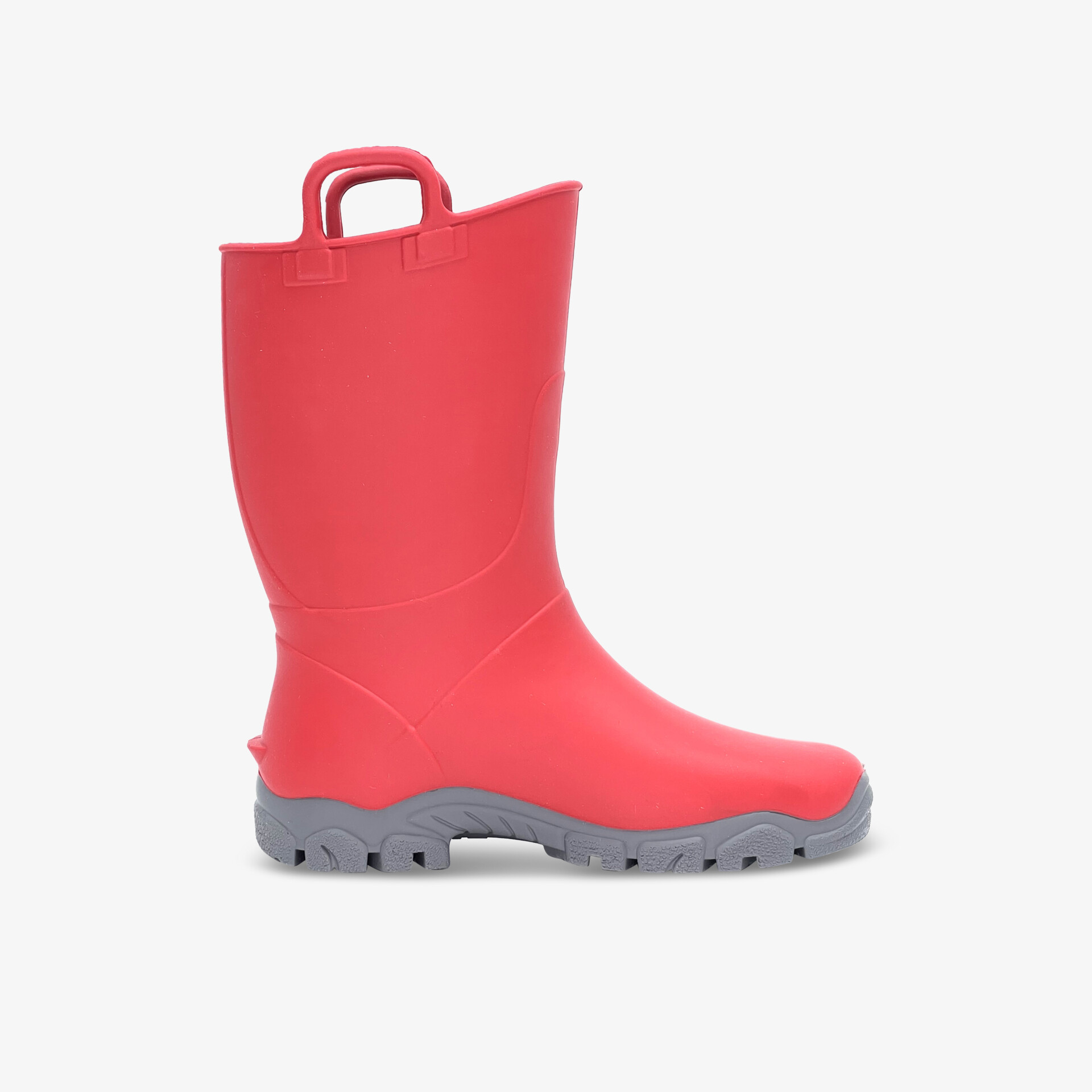 Robuster roter Regenstiefel mit grauer Sohle, ideal für nasses Wetter und zuverlässigen Schutz.