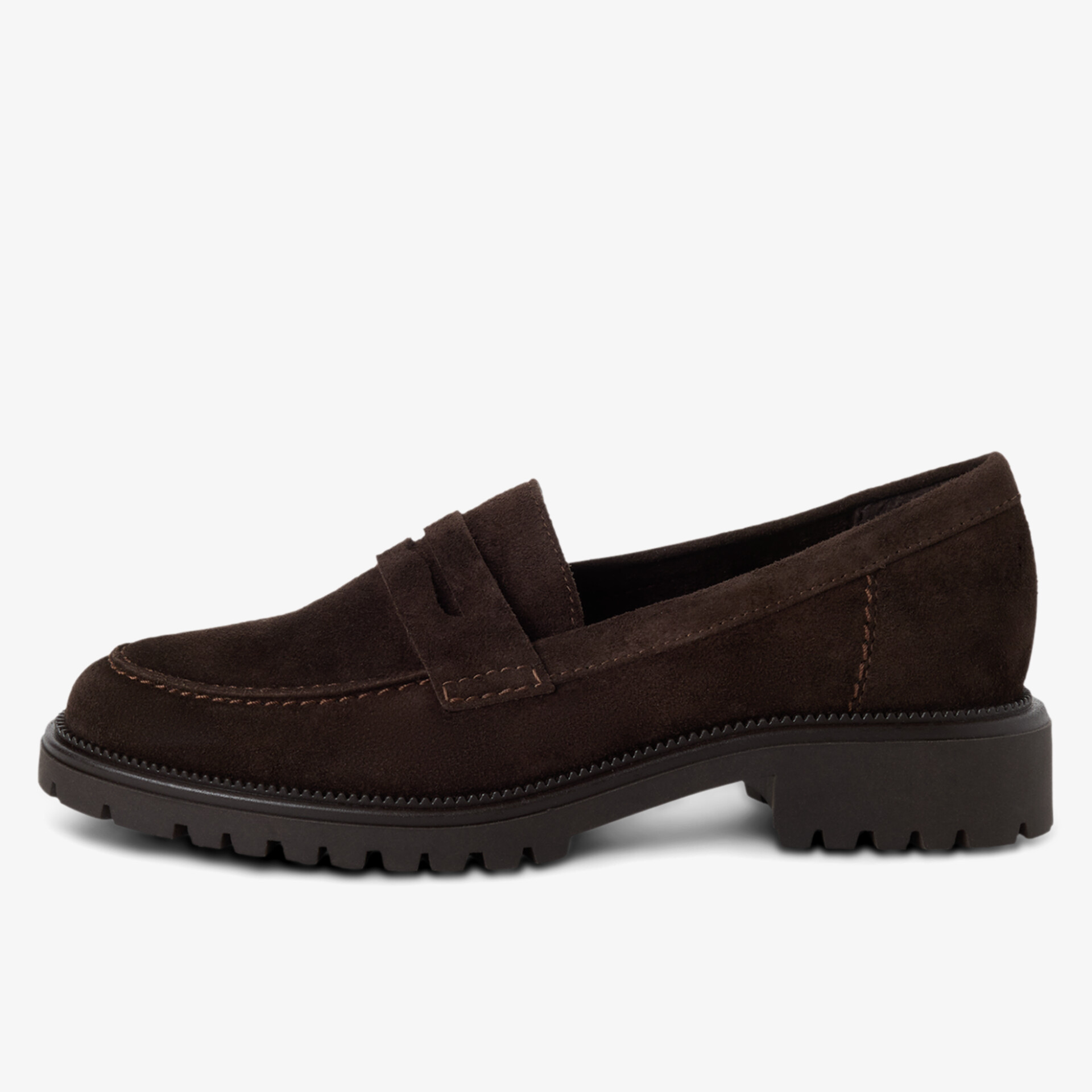 seitliche Ansicht eines dunkelbraunen Veloursleder-Slippers mit robuster Profilsohle und klassischem Design