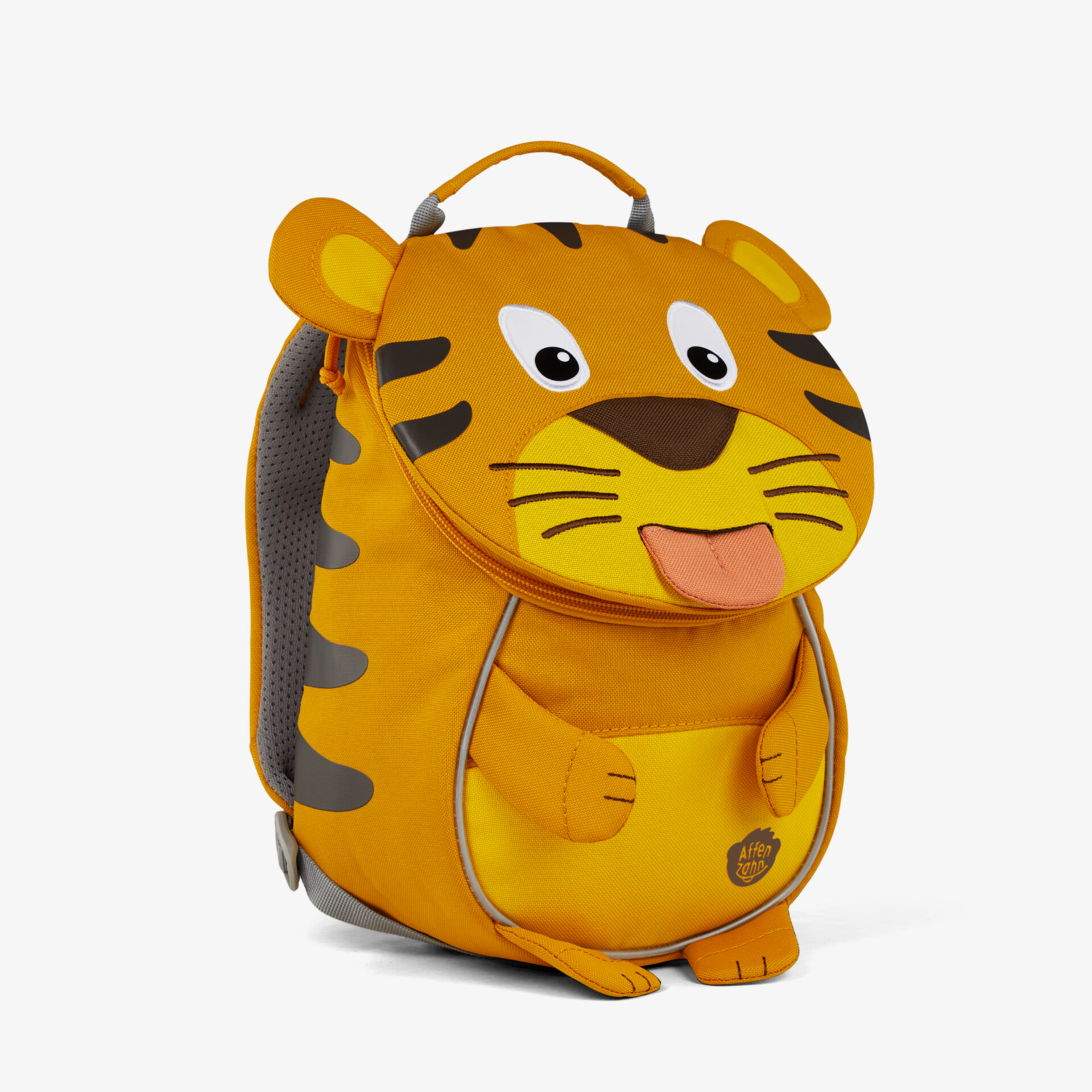 Frontalansicht eines kinderfreundlichen Rucksacks mit lustigem Tiger-Gesicht und weichem Material