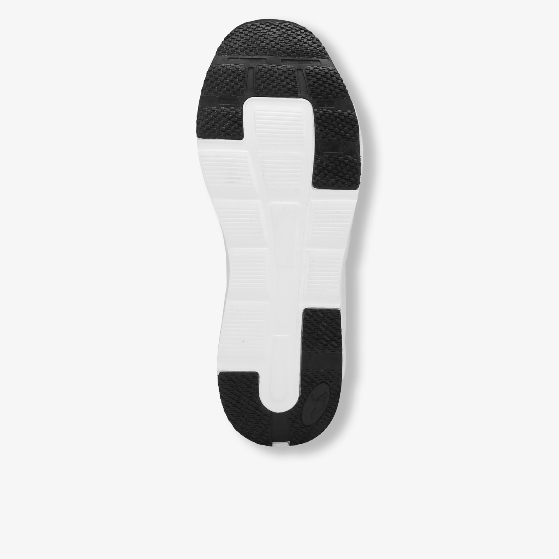 Schwarze und weiße Sohle mit robustem, rutschfestem Profil für sicheren Halt und hohe Flexibilität