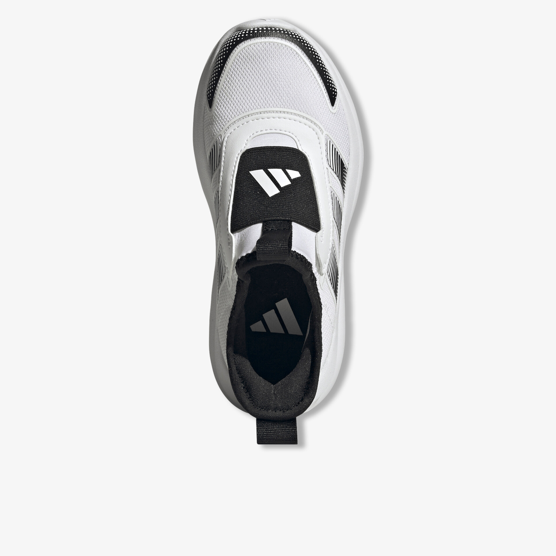 Moderner weißer Schuh mit sportlichem Design und rutschfester Sohle in klarer Draufsicht