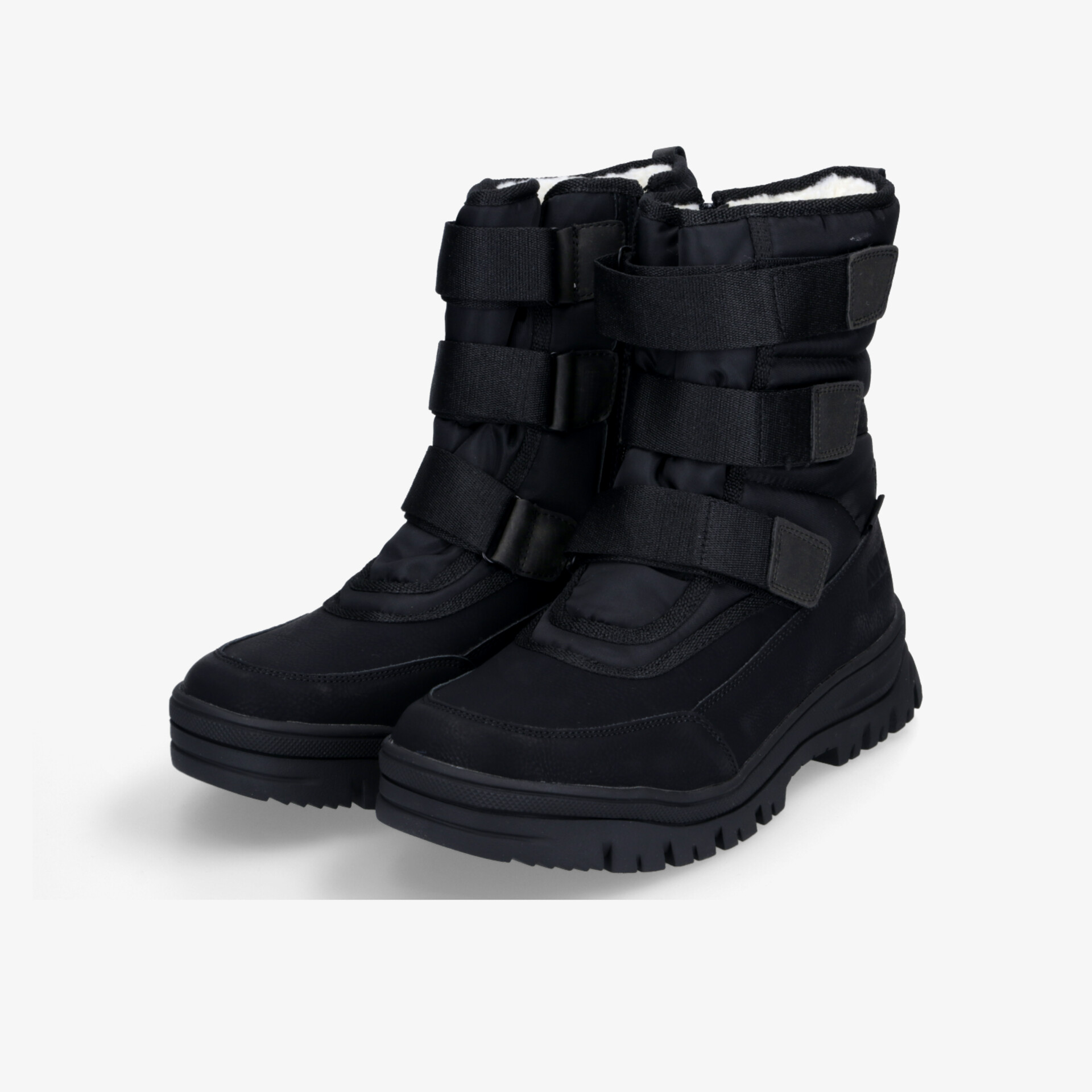 robuste schwarze Winterschuhe mit hohem Schaft und Klettverschlüssen, warm und rutschfest für kalte Bedingungen