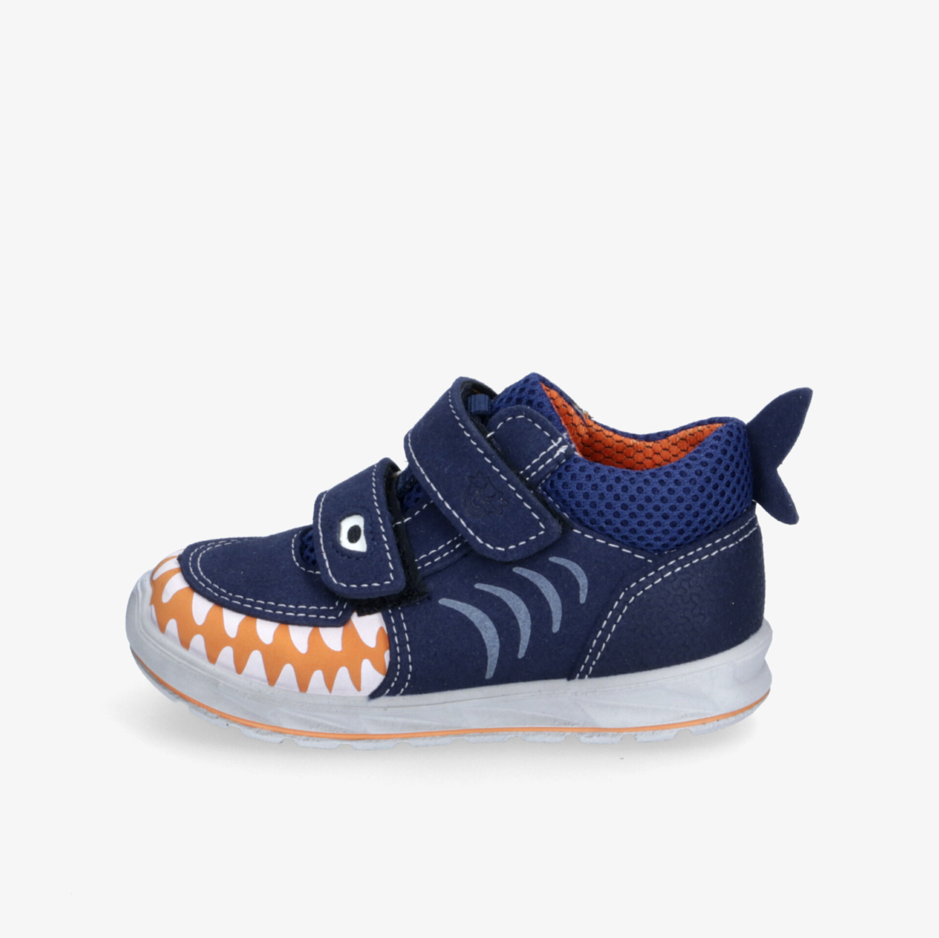 Blaue Kinderschuhe mit Haifisch-Design und Klettverschluss, ideal für sicheren Halt und trendigen Look.