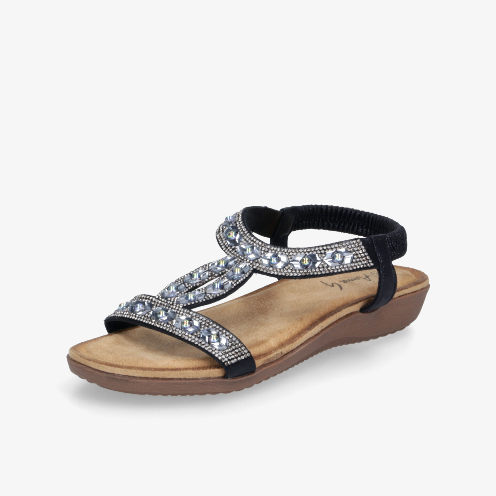 Elegante schwarze Sandale mit funkelnden Strasssteinen, verstellbarem Riemen und gepolsterter Sohle für hohen Tragekomfort