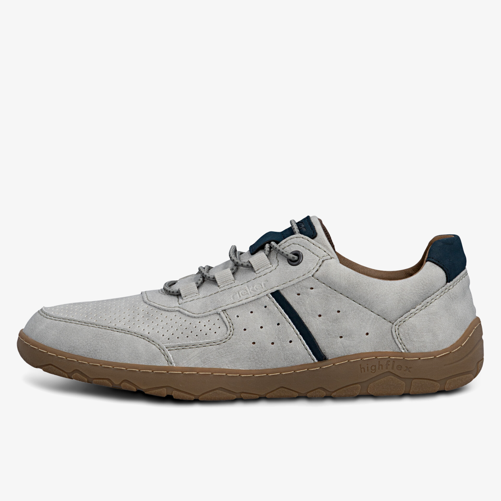 Bequemer und atmungsaktiver Freizeitschuh mit flexibler Gummisohle in seitlicher Ansicht