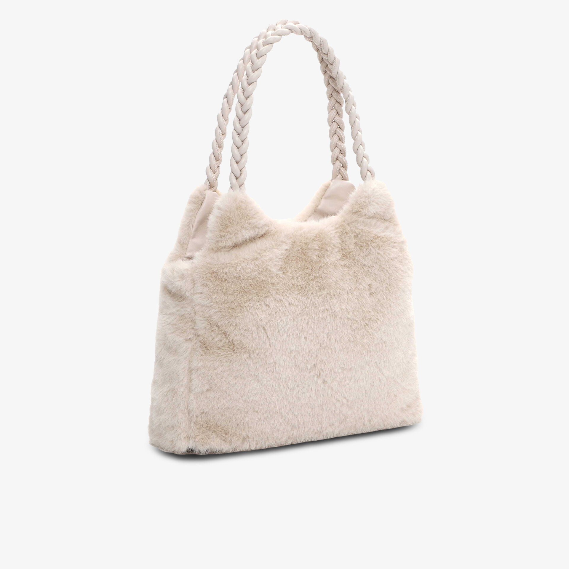 Kuschelige cremefarbene Umhängetasche mit geflochtenen Henkeln und weichem, pelzähnlichem Material