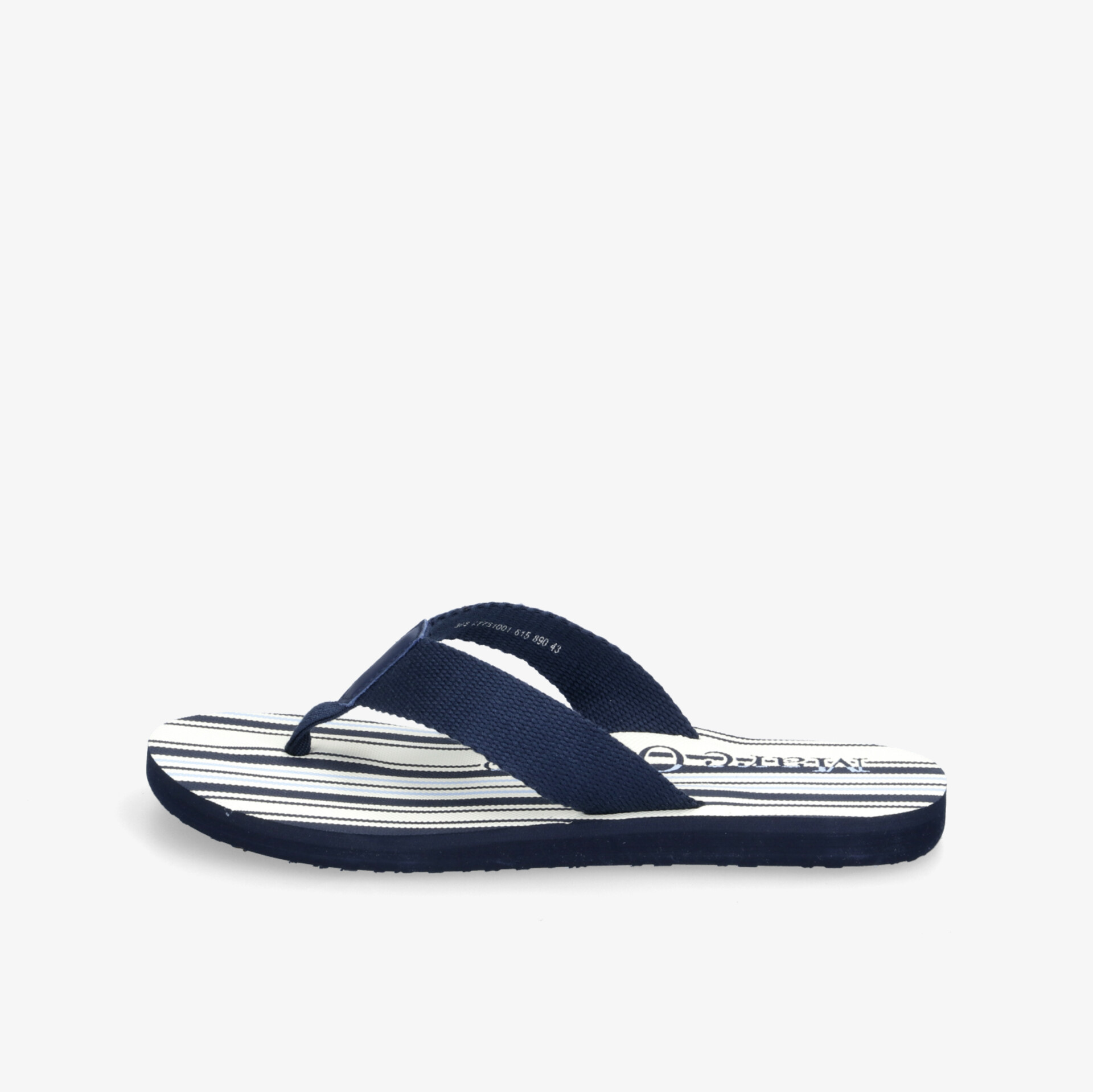 Bequeme Flip-Flops mit blau-weißen Streifen und rutschfester Sohle, perfekt für Strand und Alltag.
