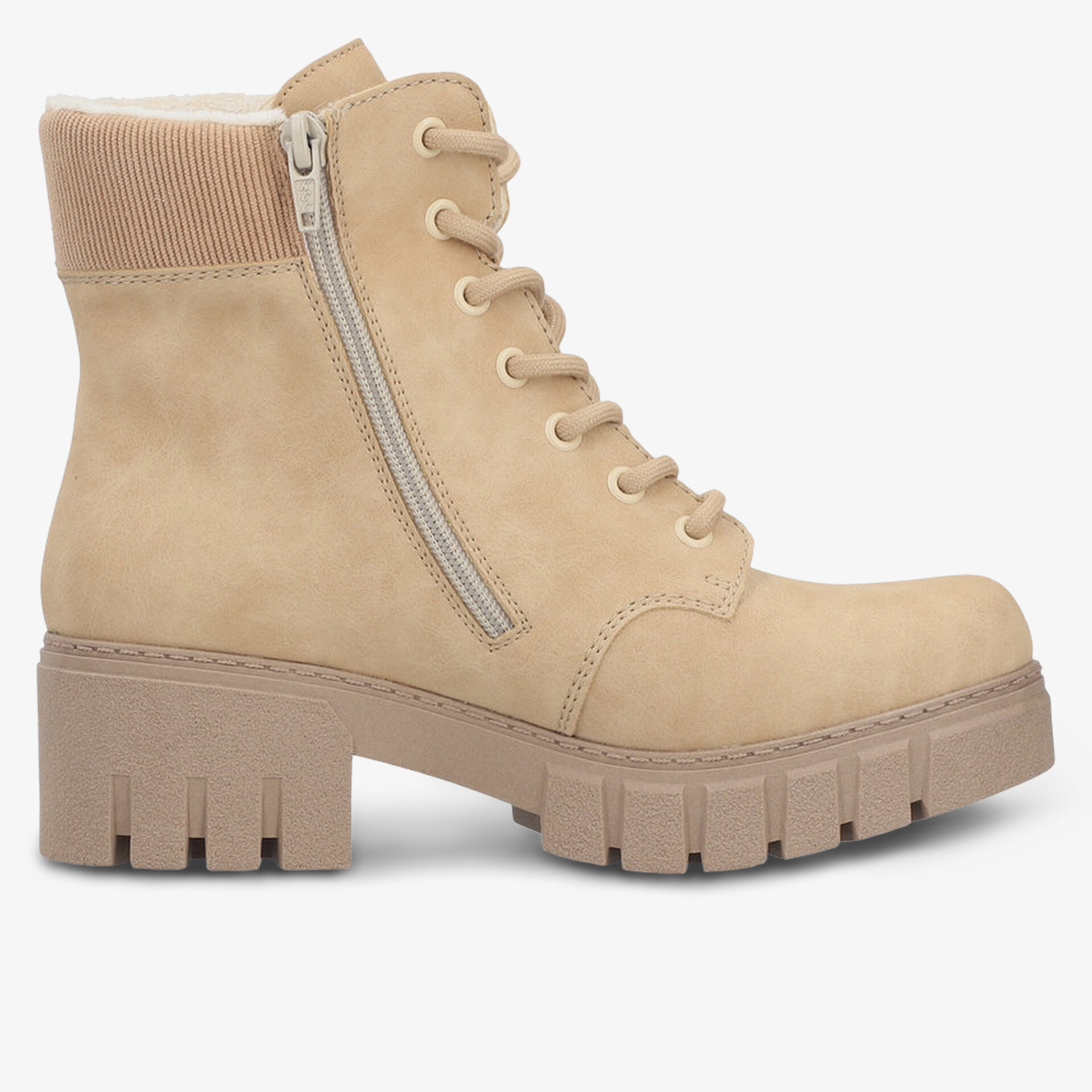 Beiger Stiefel mit robustem Blockabsatz, seitlichem Reißverschluss und profilierter Sohle für optimalen Halt