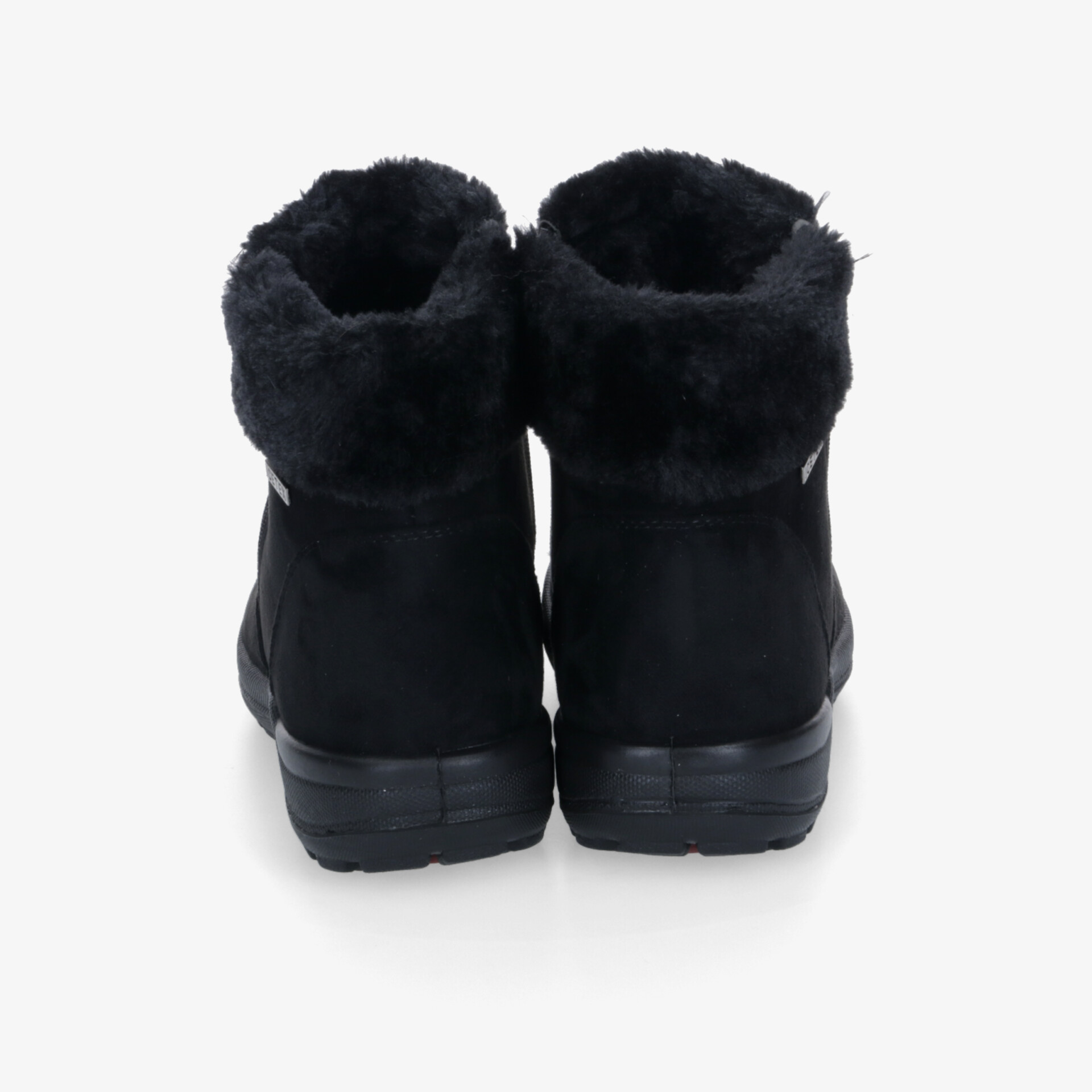 Warme schwarze Stiefel mit weichem Fellfutter und rutschfester Sohle, Rückansicht, komfortabel und robust