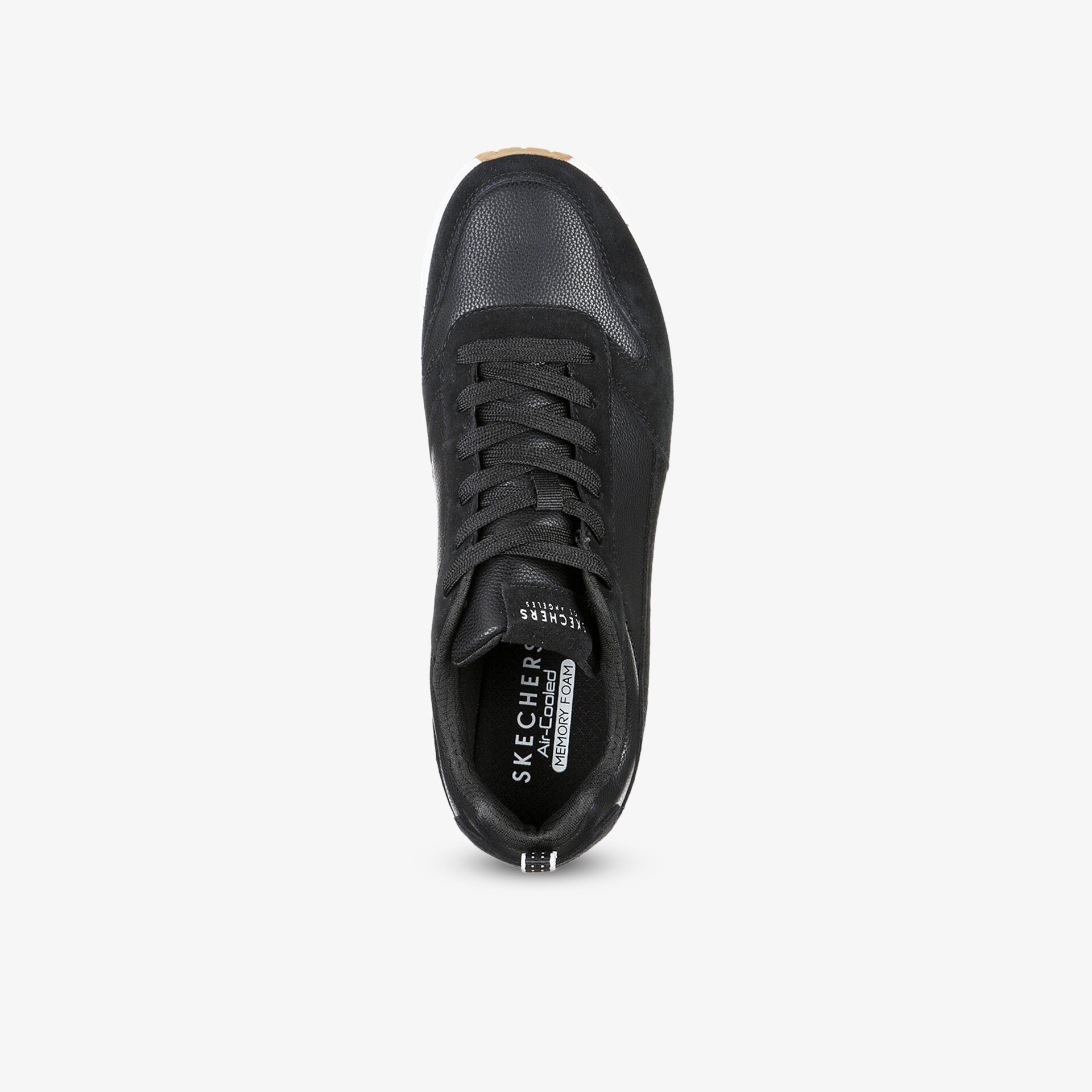 Schwarzer Sneaker in Draufsicht mit schnürung, robustem Material und komfortablem Design