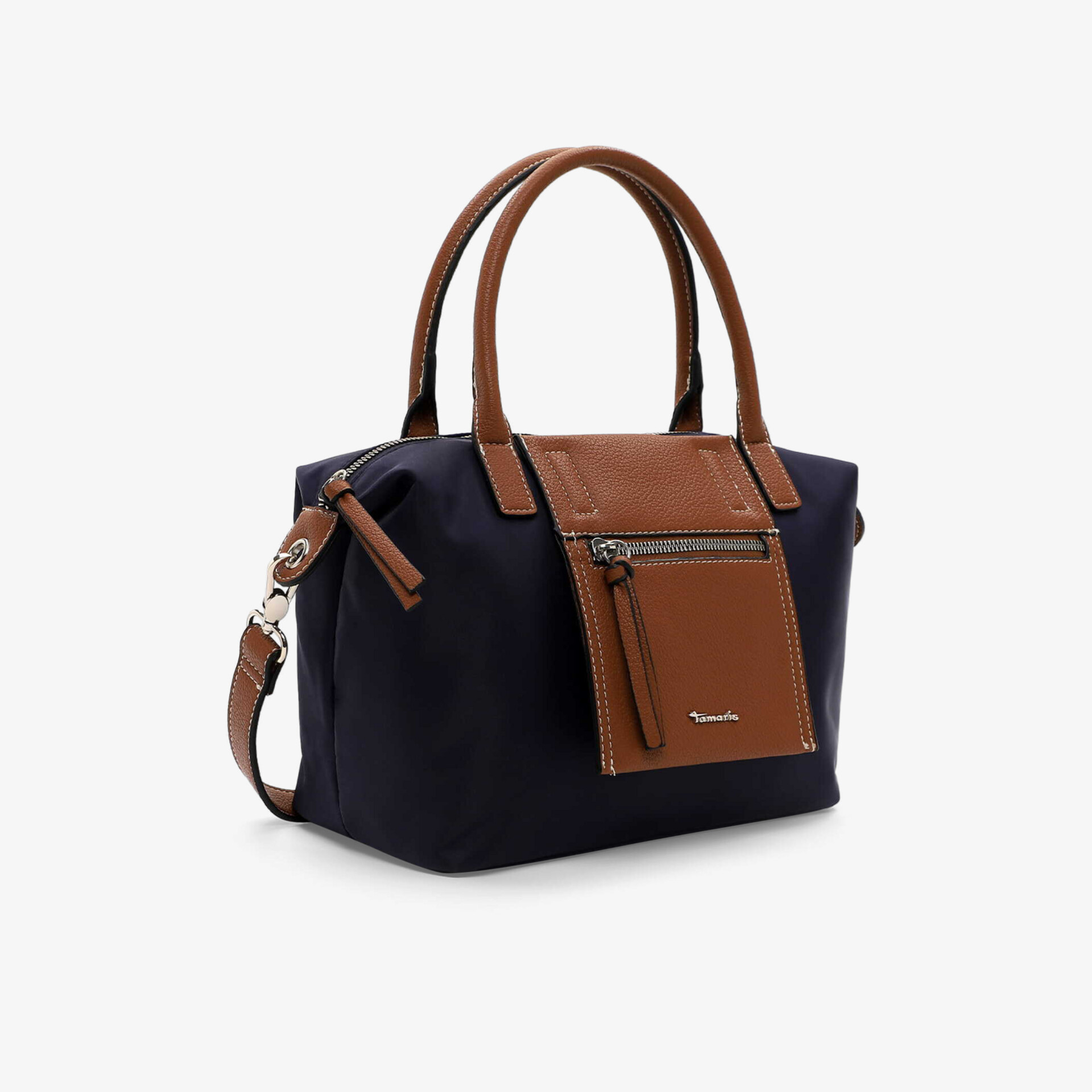 Stilvolle schwarze Handtasche mit braunen Akzenten, praktische Reißverschlusstasche und robusten Tragegriffen.