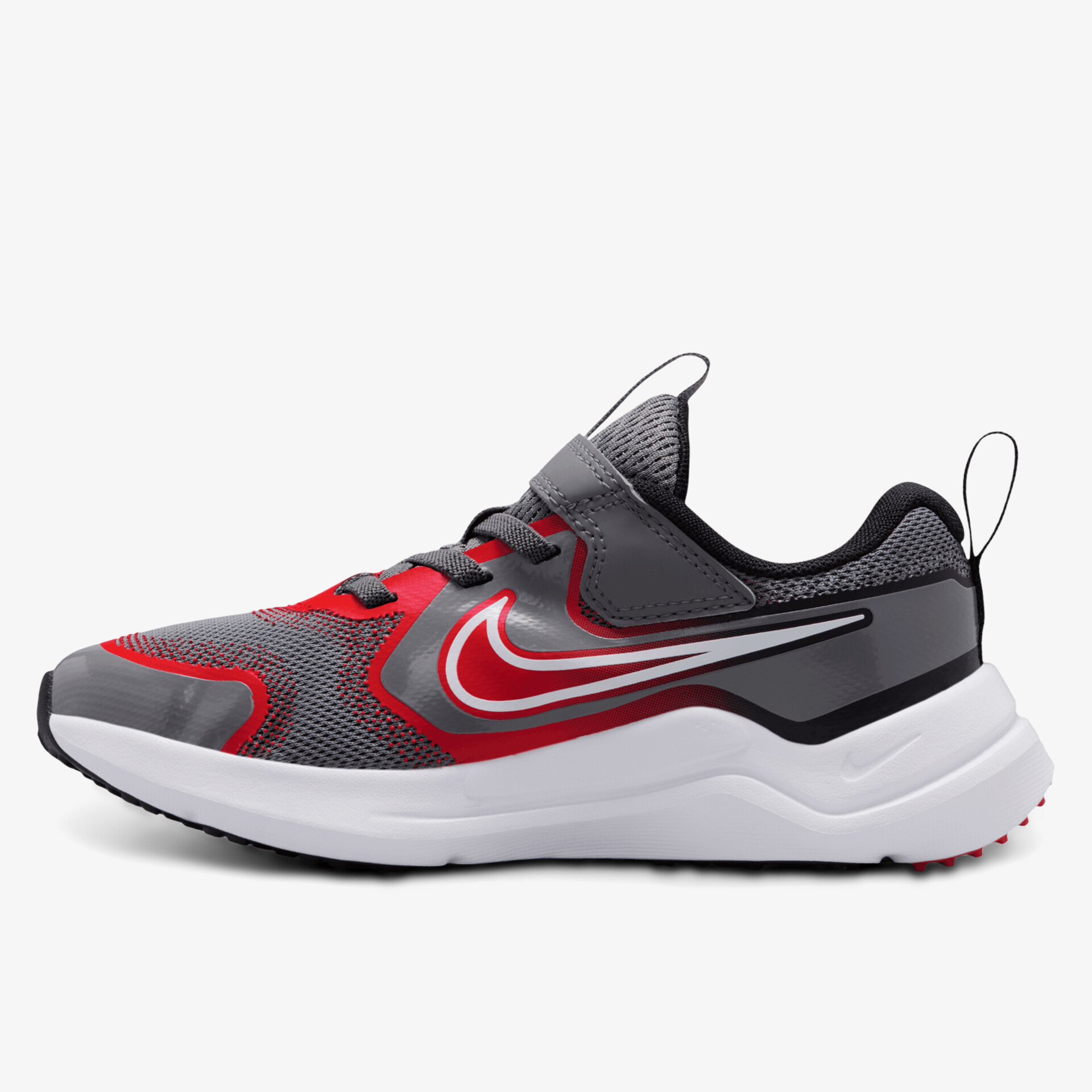 Sportlicher Schuh in Schwarz, Rot und Grau mit auffallendem Design und hohem Tragekomfort.