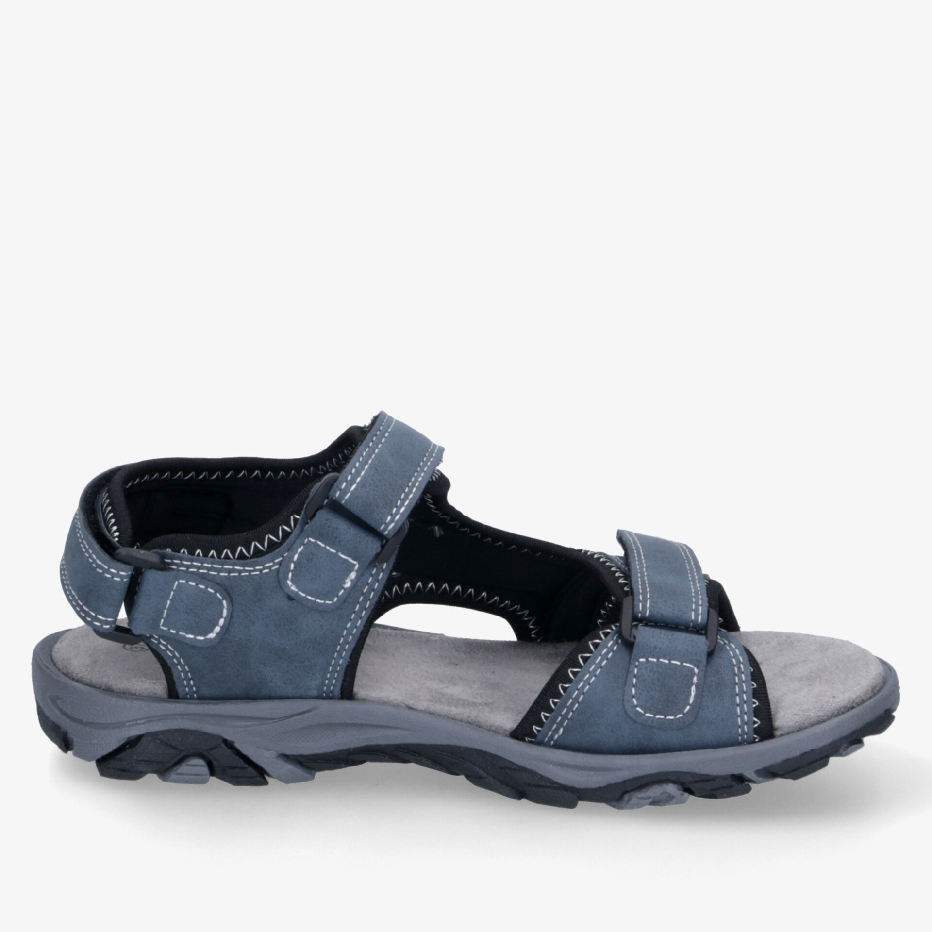 Seitliche Ansicht einer blauen Trekking-Sandale mit verstellbaren Klettverschlüssen und rutschfester Sohle, ideal für Outdoor-Aktivitäten