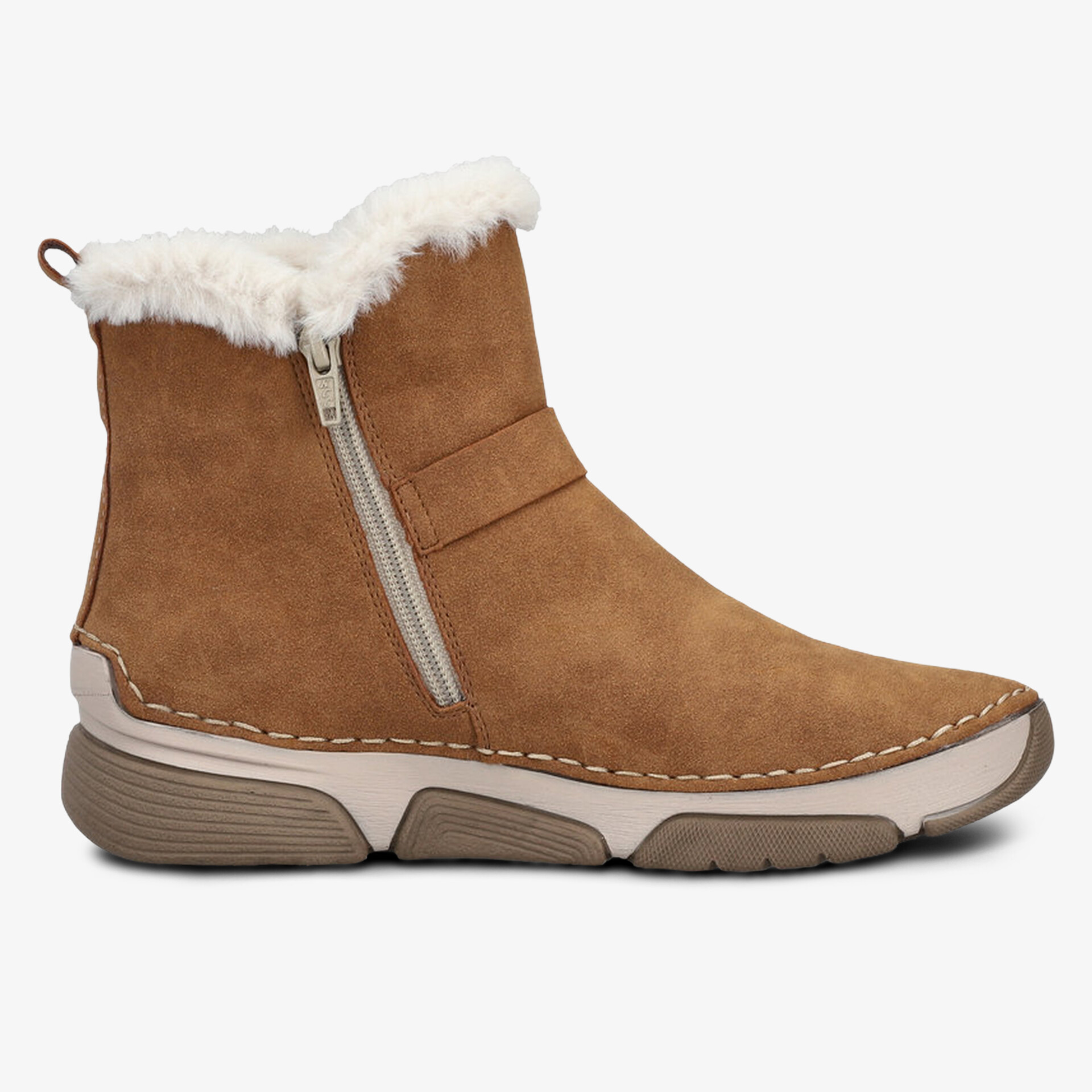 Seitliche Ansicht einer braunen warm gefütterten Stiefelette mit Reißverschluss und rutschfester Sohle, bequem und kuschelig