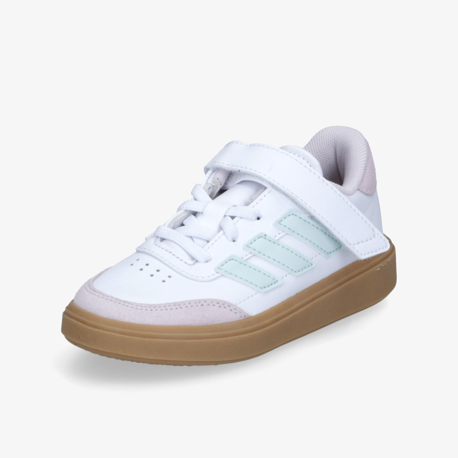 Weißer sportlicher Kinderschuh mit Klettverschluss und robuster brauner Gummisohle für bequemen Halt