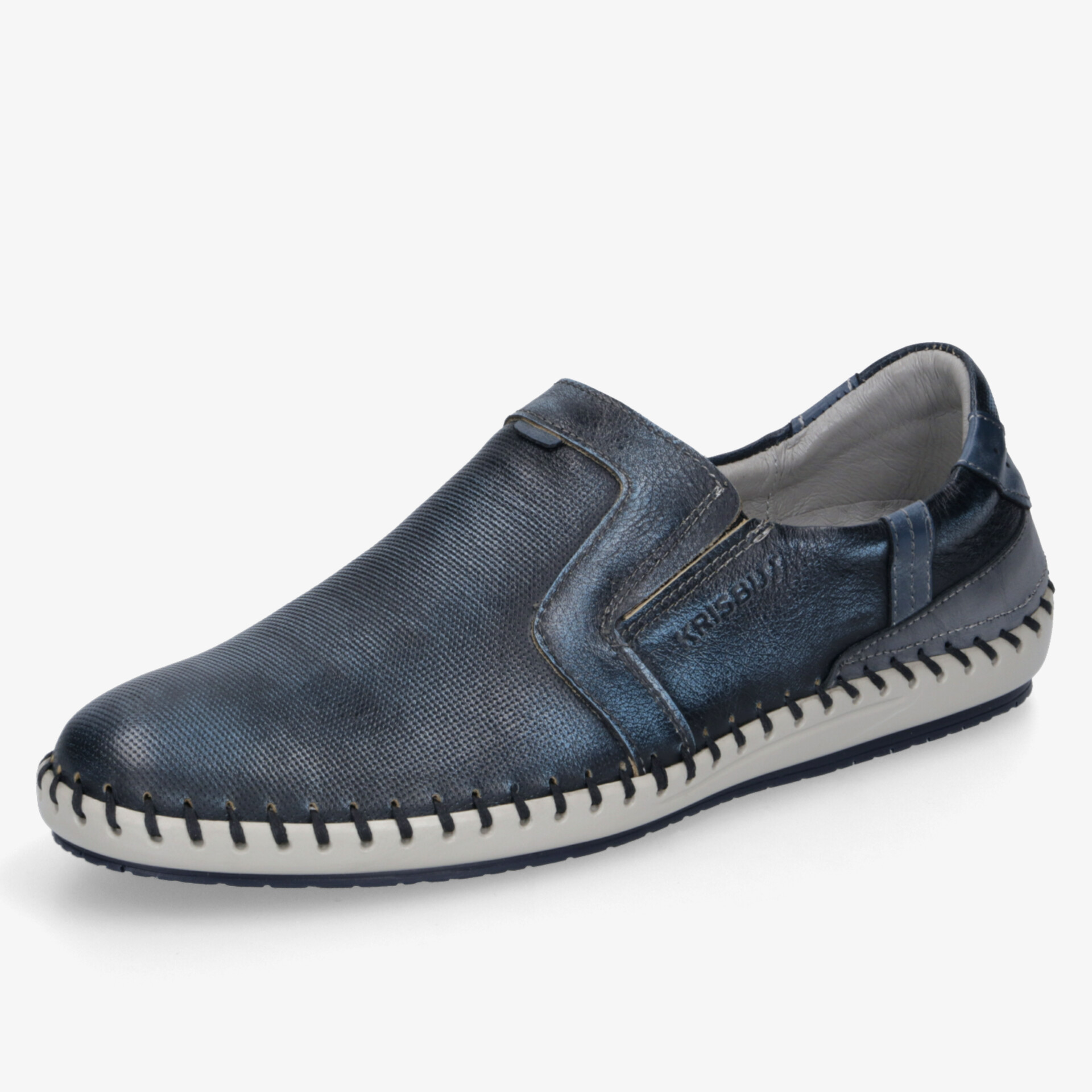 Bequemer blauer Löffelschuh aus hochwertigem Leder mit flexibler Sohle und lässigem Casual Design in seitlicher Ansicht