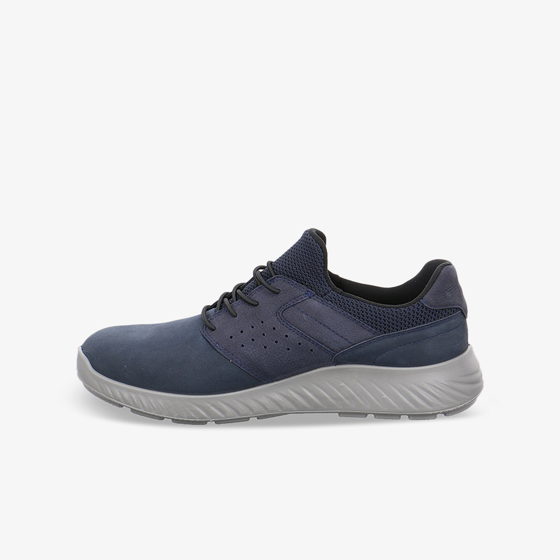 Seitliche Ansicht eines navyblauen Sportschuhs mit flexibler Sohle und atmungsaktivem Material