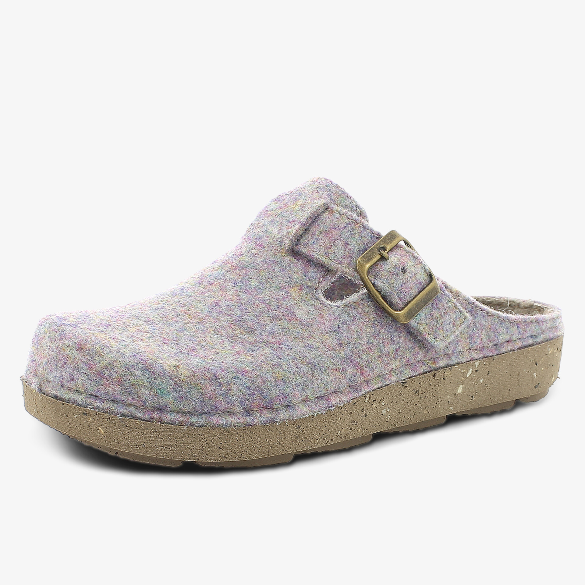 Bequemer grauer Filzhausschuh mit verstellbarer Schnalle und rutschfester brauner Sohle, ideal für den Alltag