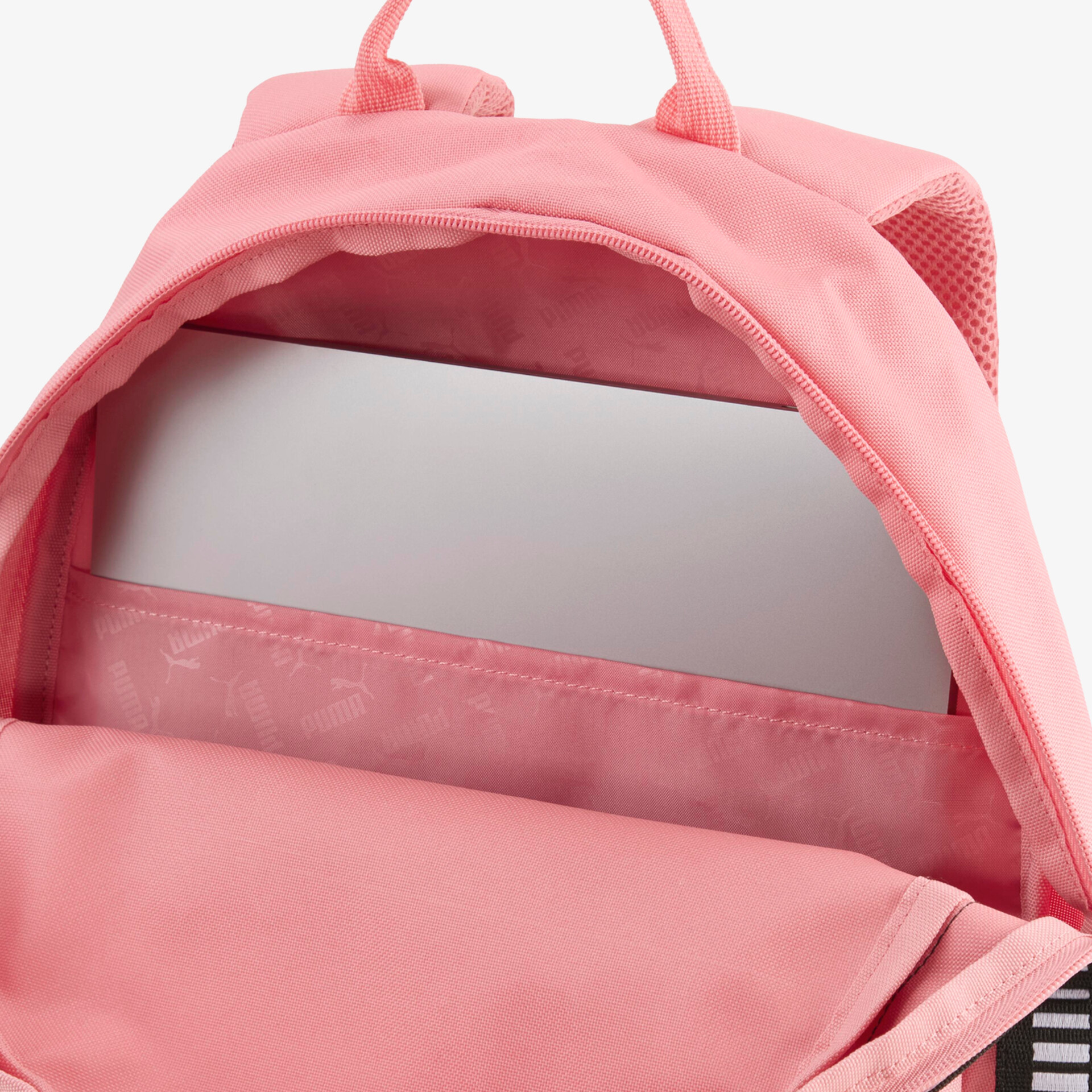 Innenansicht eines rosa Rucksacks mit offenem Hauptfach und praktischem Zwischenfach