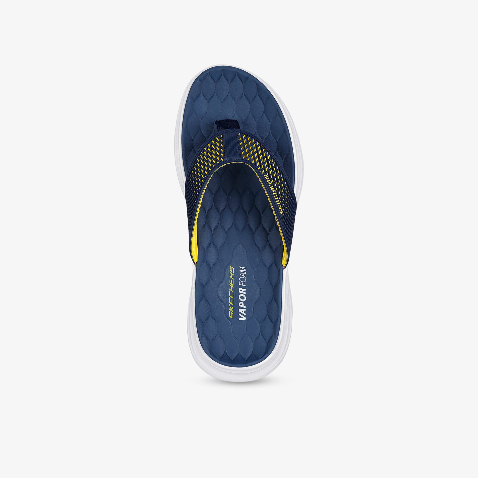 Bequeme blaue und gelbe Flipflops mit rutschfester Sohle und elastischem Band, ideal für sommerlichen Komfort
