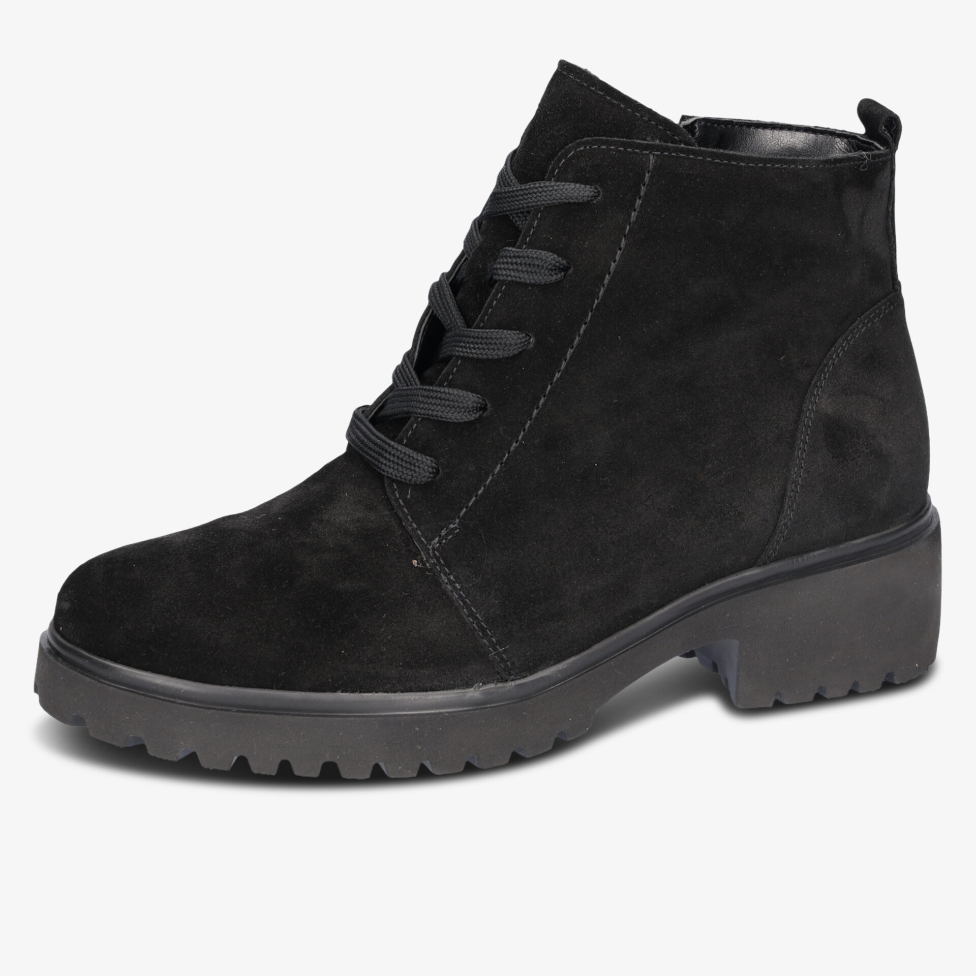 Schwarzer Velours-Stiefel mit robuster rutschfester Sohle und bequemer Schnürung, ideal für Alltag und Komfort