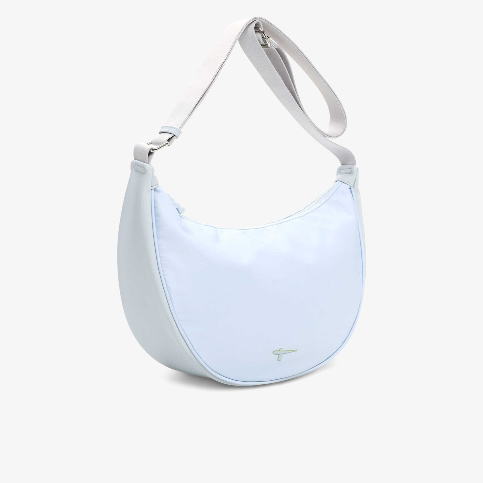 Weiße modische halbmondförmige Tasche mit verstellbarem Schulterriemen und minimalistischem Look