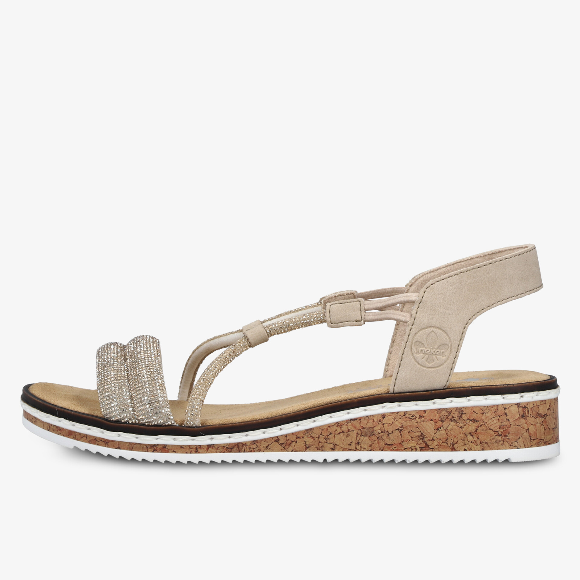 Seitliche Ansicht einer bequemen Sandale mit Korksohle und modischem Riemen in neutraler Farbe