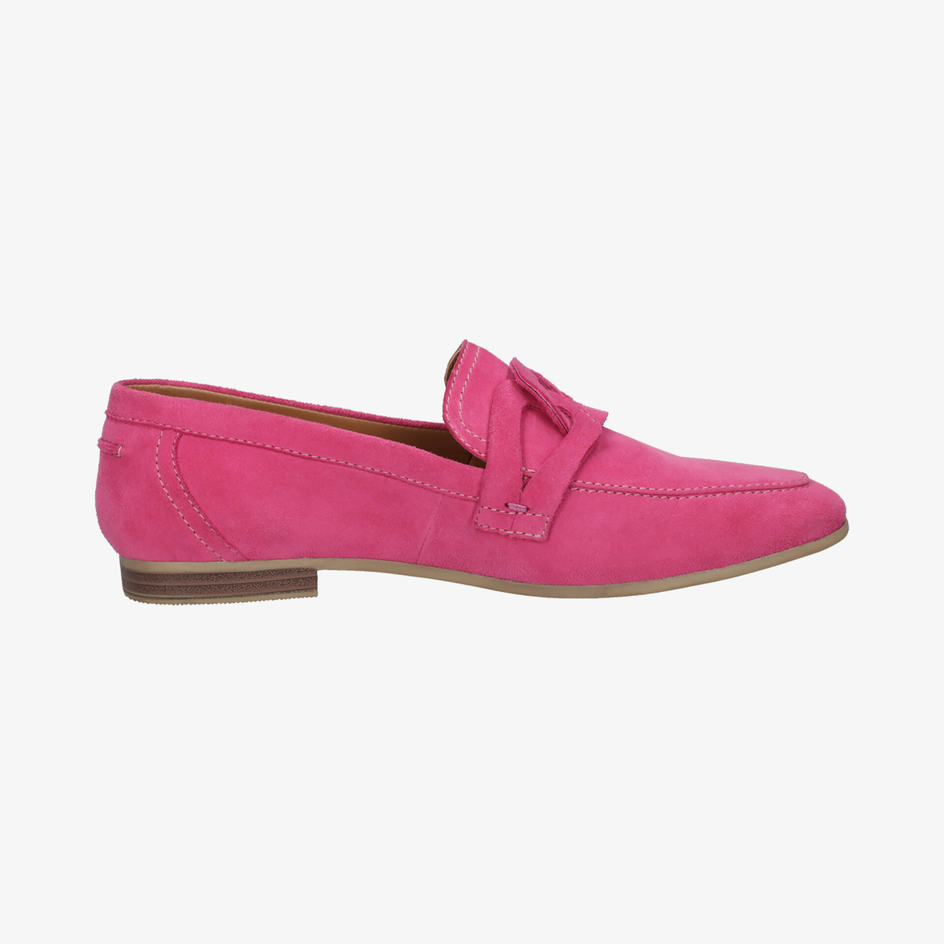 Seitliche Ansicht eines pinkfarbenen Loafers mit flachem Absatz und elegantem Schnitt, bequem und modisch