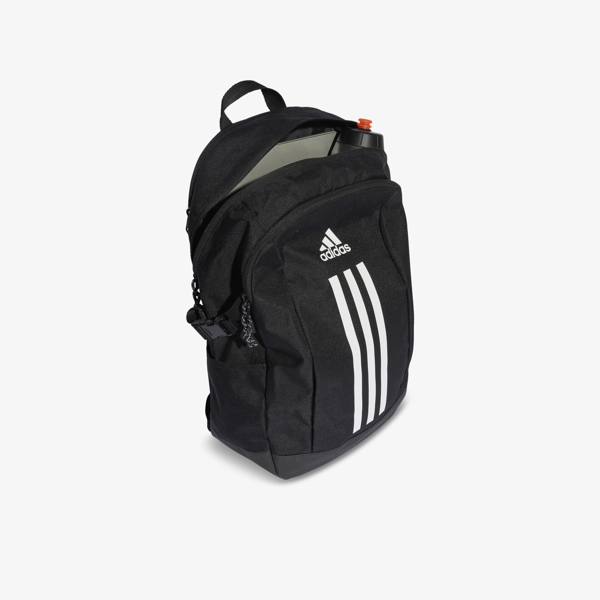 Schwarzer Adidas Rucksack mit drei weißen Streifen, geräumig und robust, ideal für Sport und Alltag