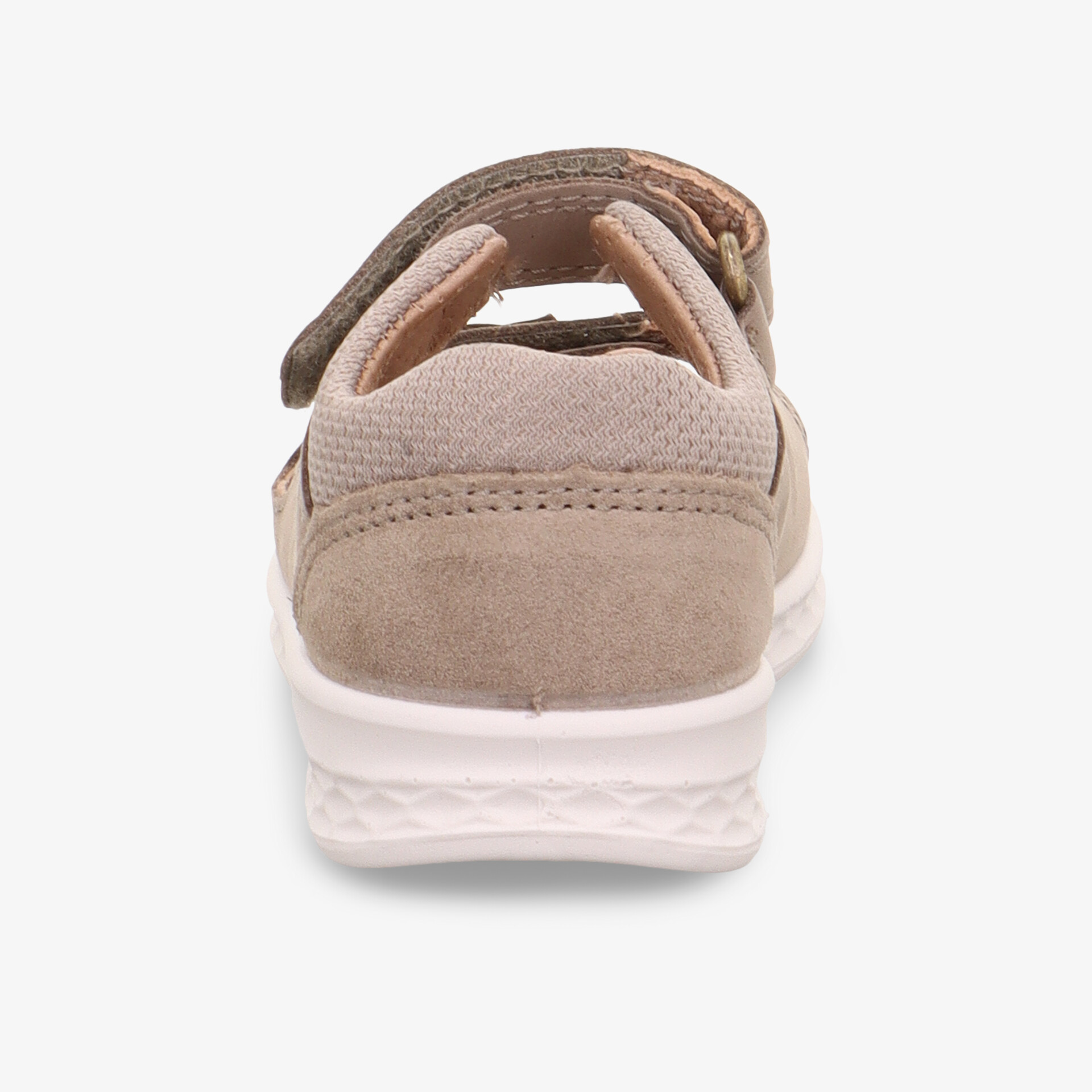 Beiger Sneaker Rückansicht mit weichem Material, rutschfester Sohle und flexiblem Klettverschluss für bequemen Halt