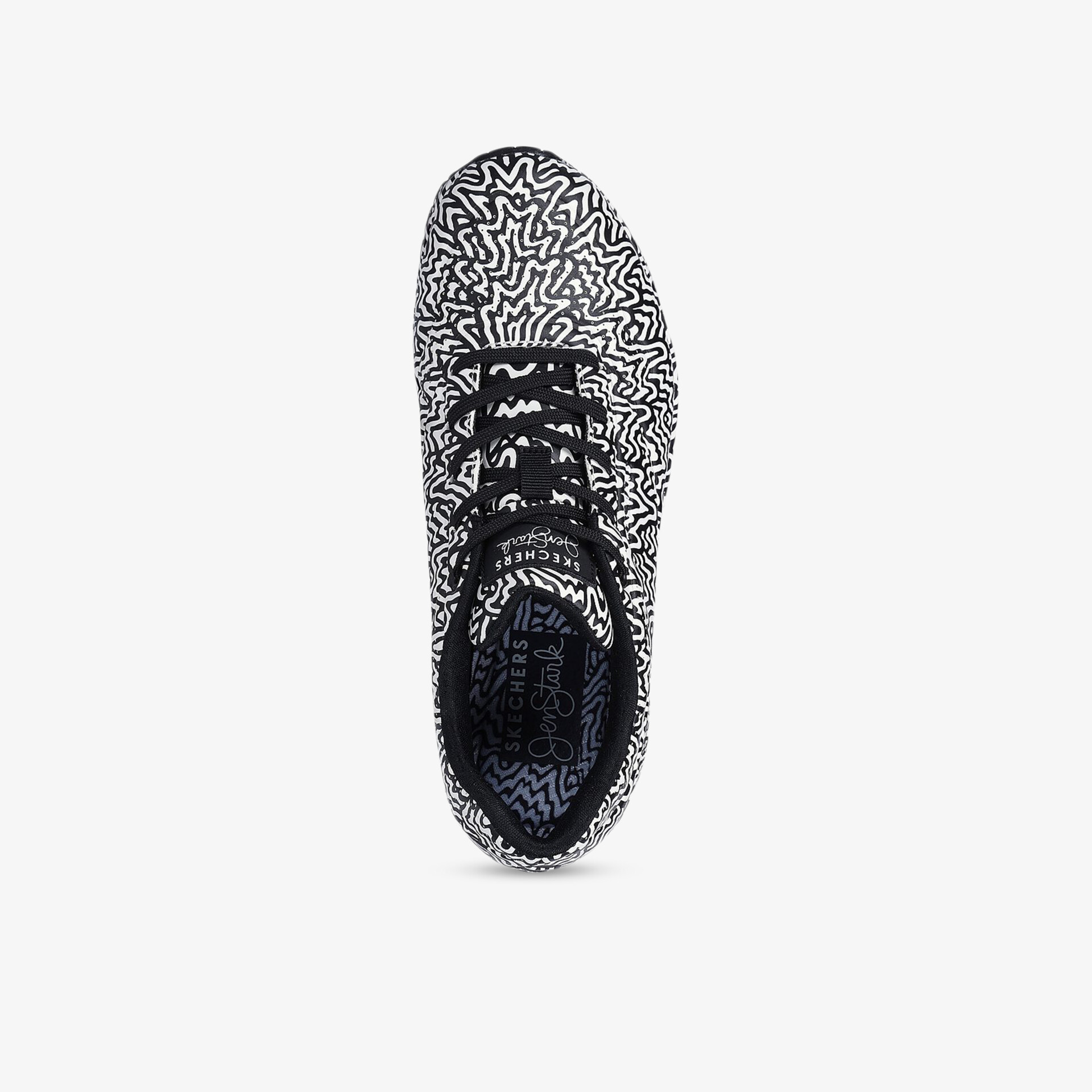 Leichter Schuh mit atmungsaktivem Material und schnürsenkeln, modernes schwarz-weiß Muster, bequeme Passform