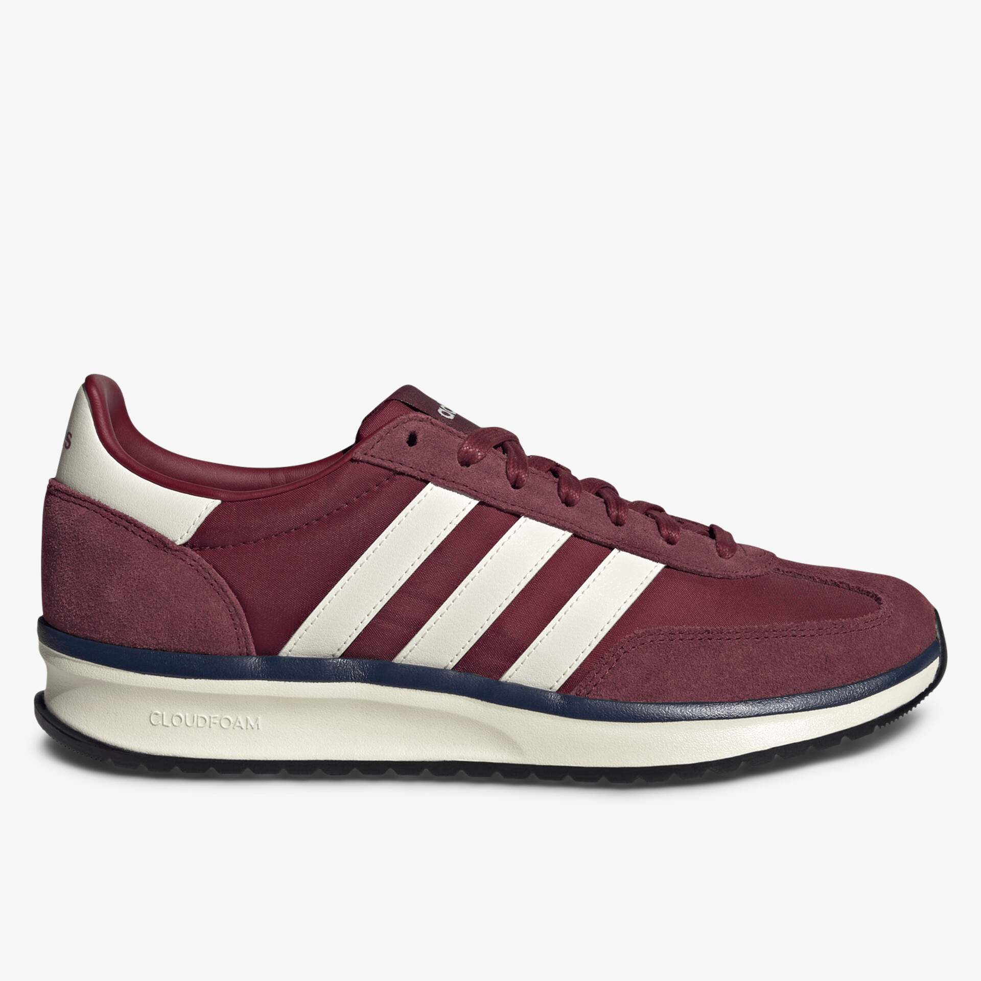 Seitliche Ansicht eines stylischen, bequemen Sneaker mit weißen Streifen und robustem Profil