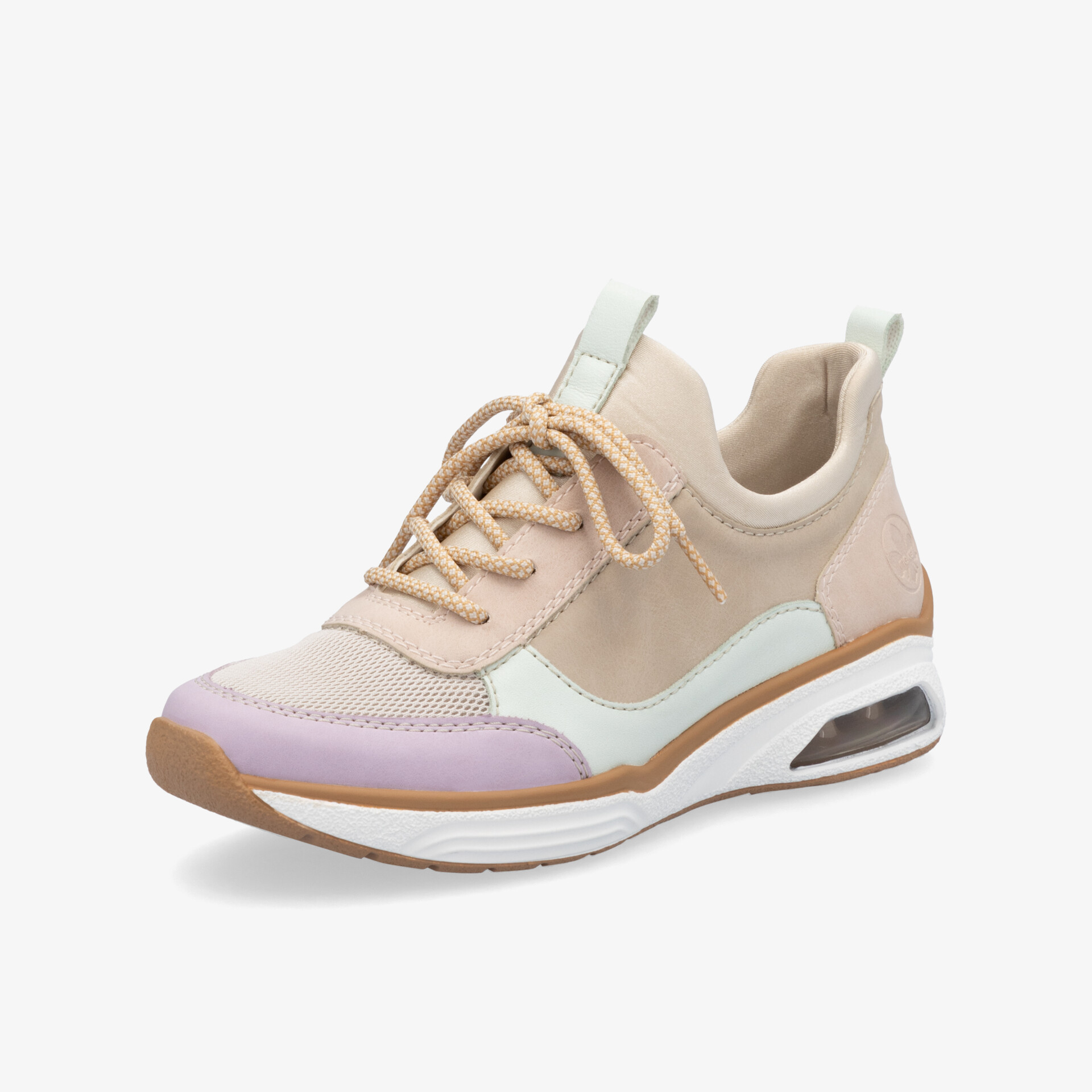 Beiger Sneaker mit lila Akzenten, atmungsaktiv, leichter Komfort, gepolsterter Schaft, rutschfeste Sohle