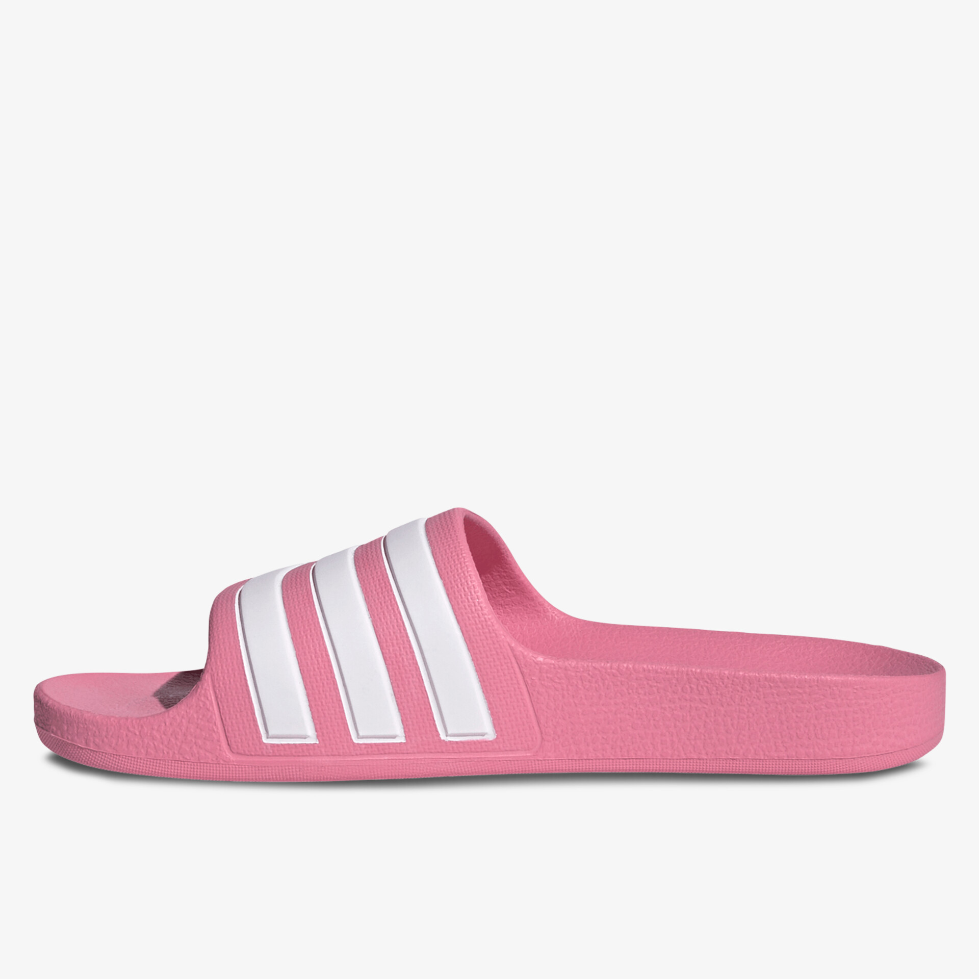 Seitliche Ansicht eines pinken Freizeitschuhs mit weißen Streifen, bequem und sportlich