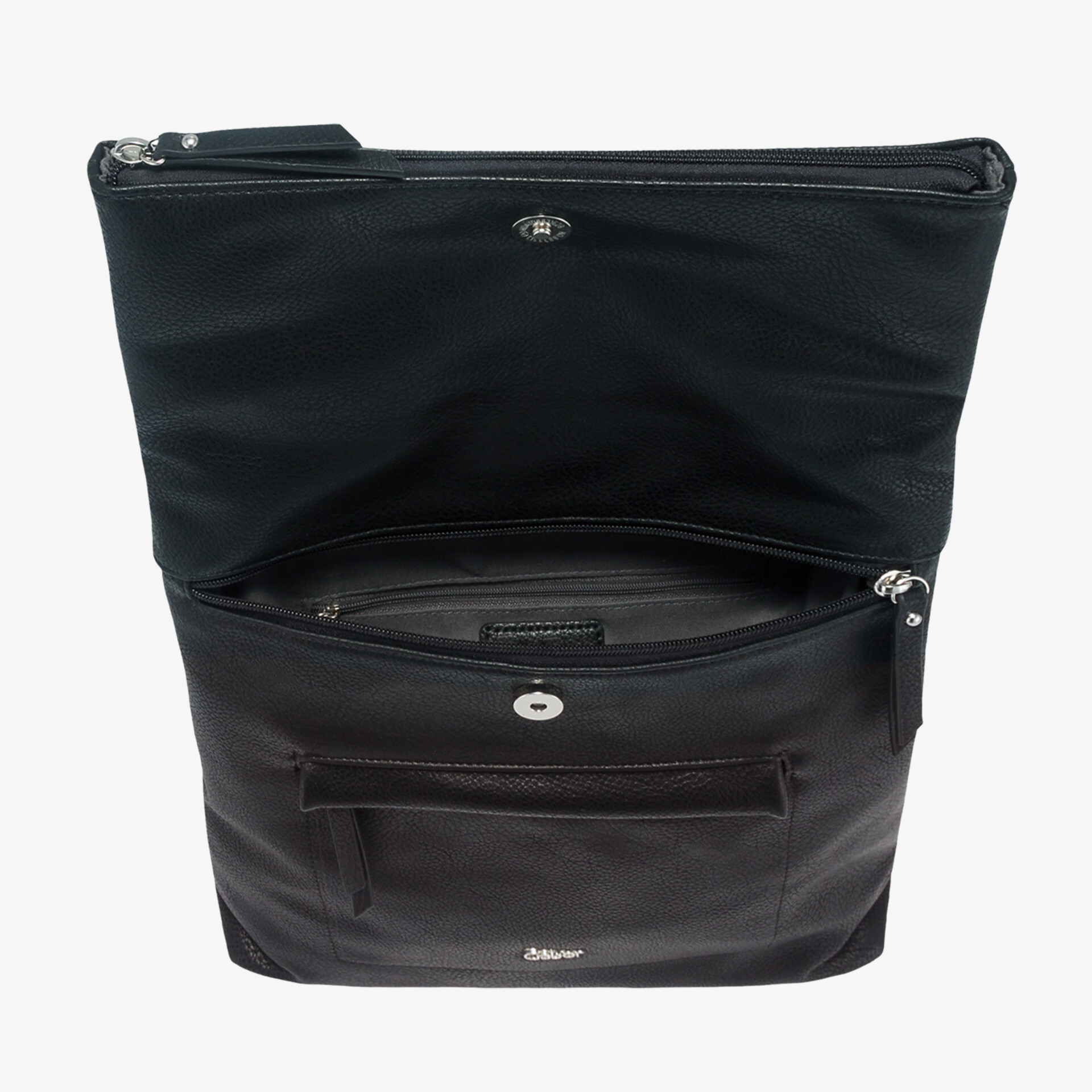 Moderner schwarzer Rucksack mit mehreren Fächern und sicheren Reißverschlüssen für maximale Organisation.