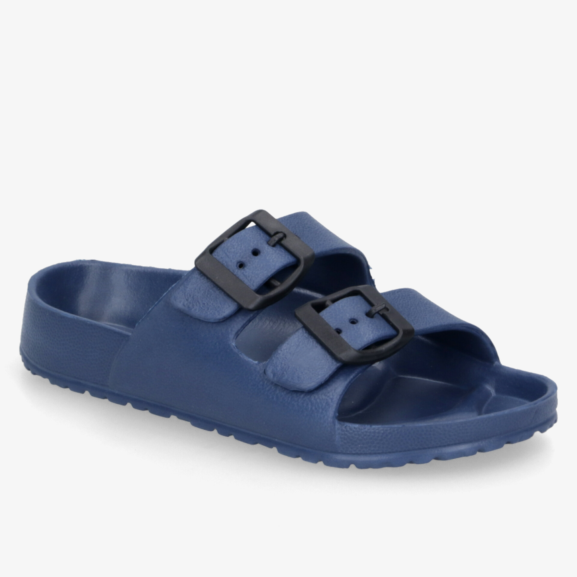 Blaue Sandale mit zwei verstellbaren Riemen und komfortabler, rutschfester Sohle für optimalen Halt.