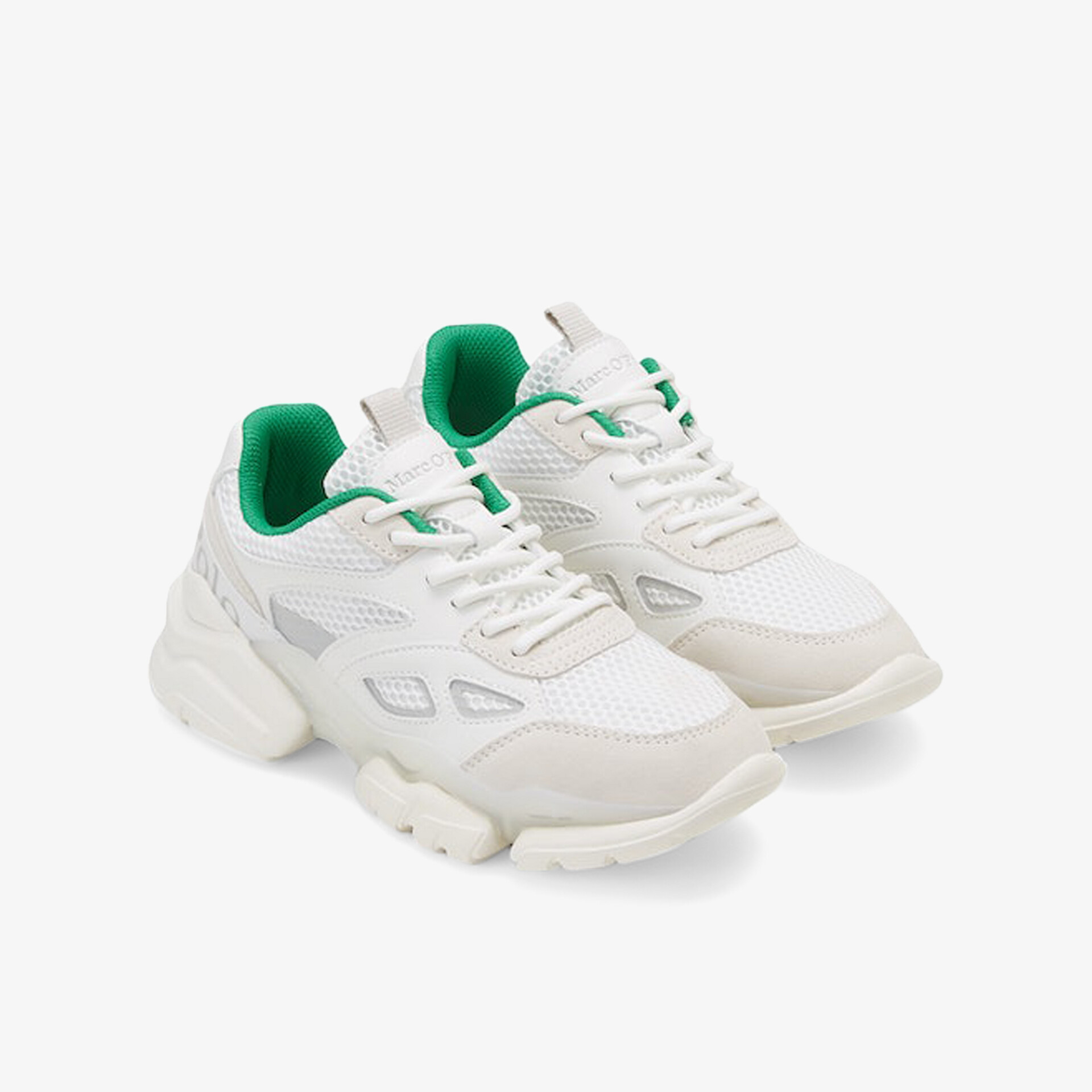 Moderner weißer Sneaker mit grünem Akzent. Komfortable und robuste Konstruktion für vielseitigen Einsatz.