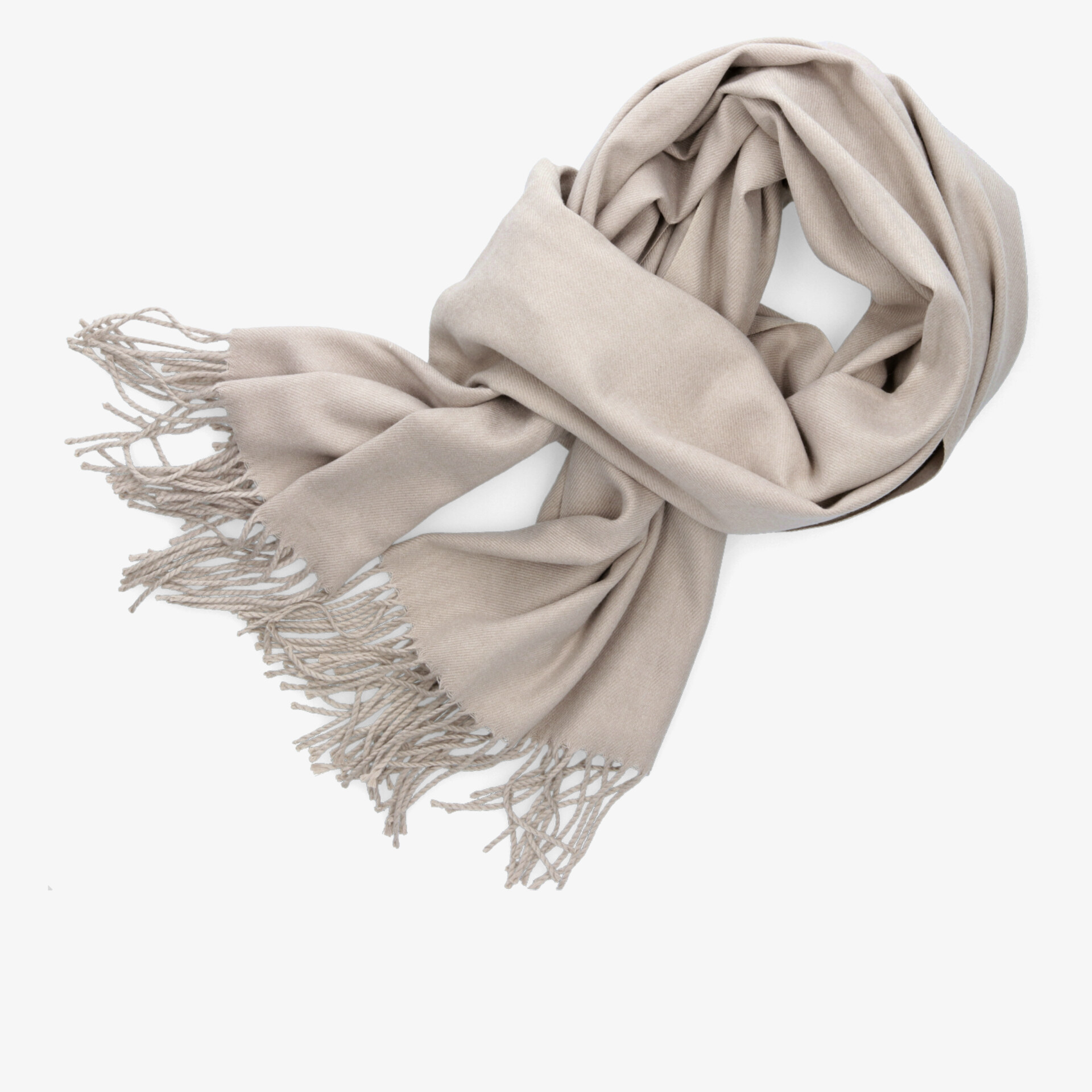 Eleganter beiger Schal mit Fransen, weich und stilvoll für modische Akzente.