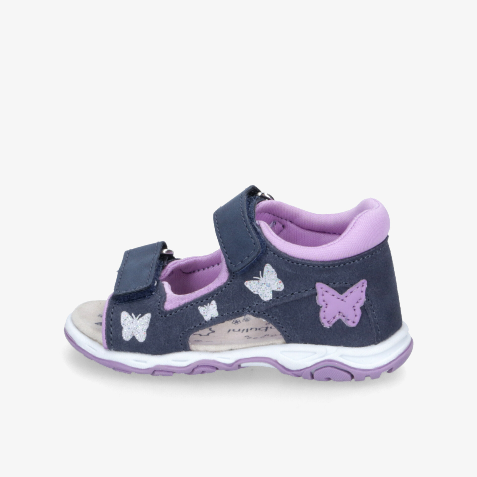 Kindersandale mit schwarzem Obermaterial, lila Innenfutter und Schmetterlingsmotiven, Klettverschluss und flexibler Sohle