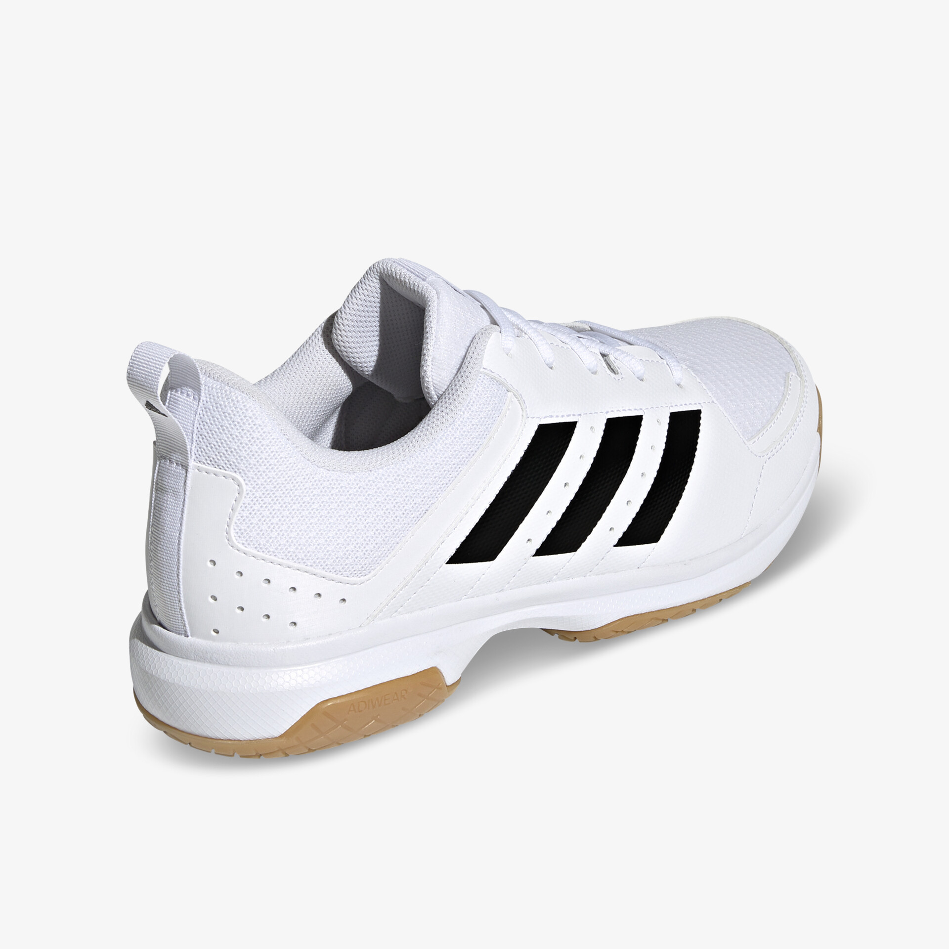 Weißer Sportschuh mit schwarzem Streifendesign, rutschfester brauner Sohle und gepolstertem Fersenbereich, Rückansicht