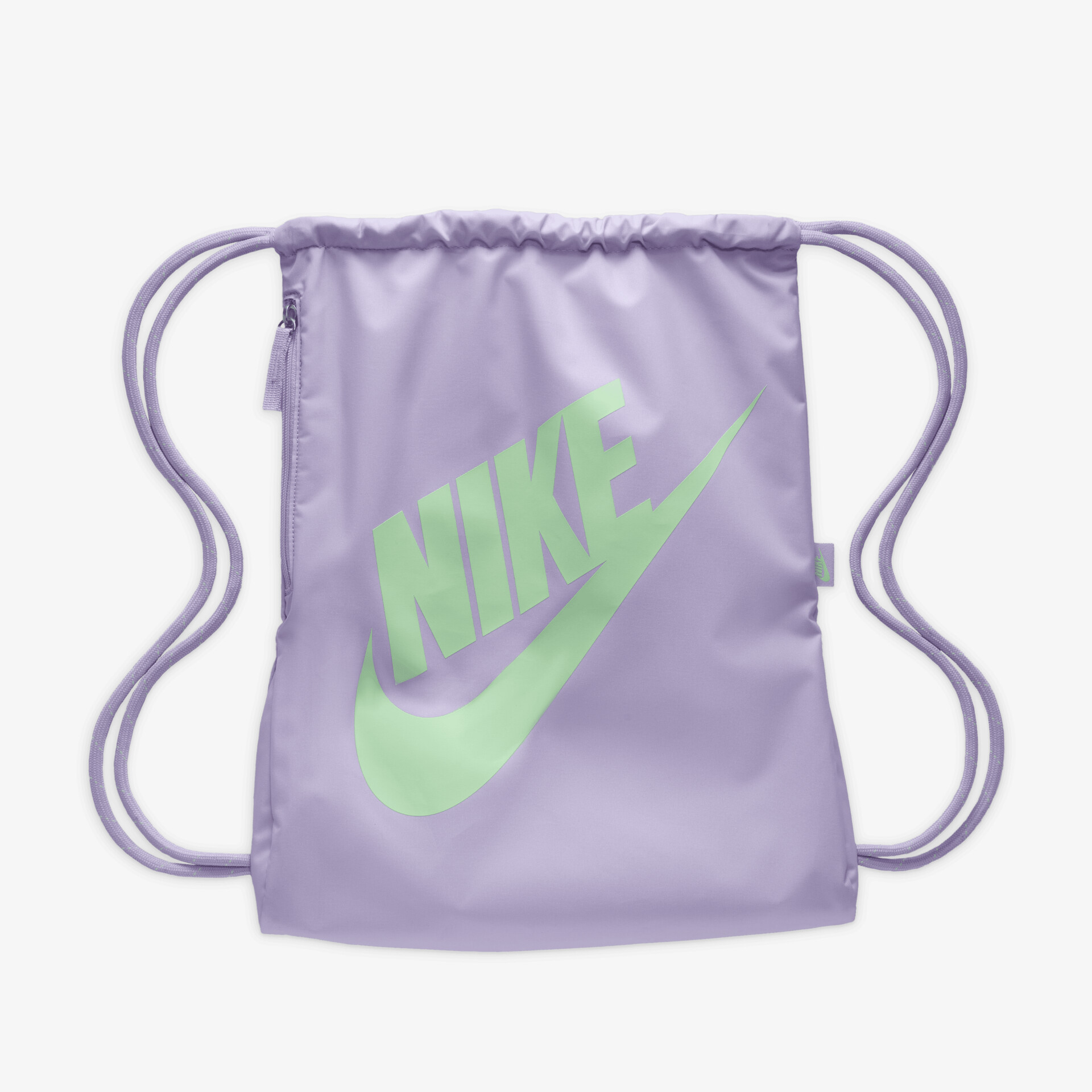 Lila Nike Turnbeutel mit grünem Logo und Kordelzug, leichter und praktischer Sportbeutel für den Alltag