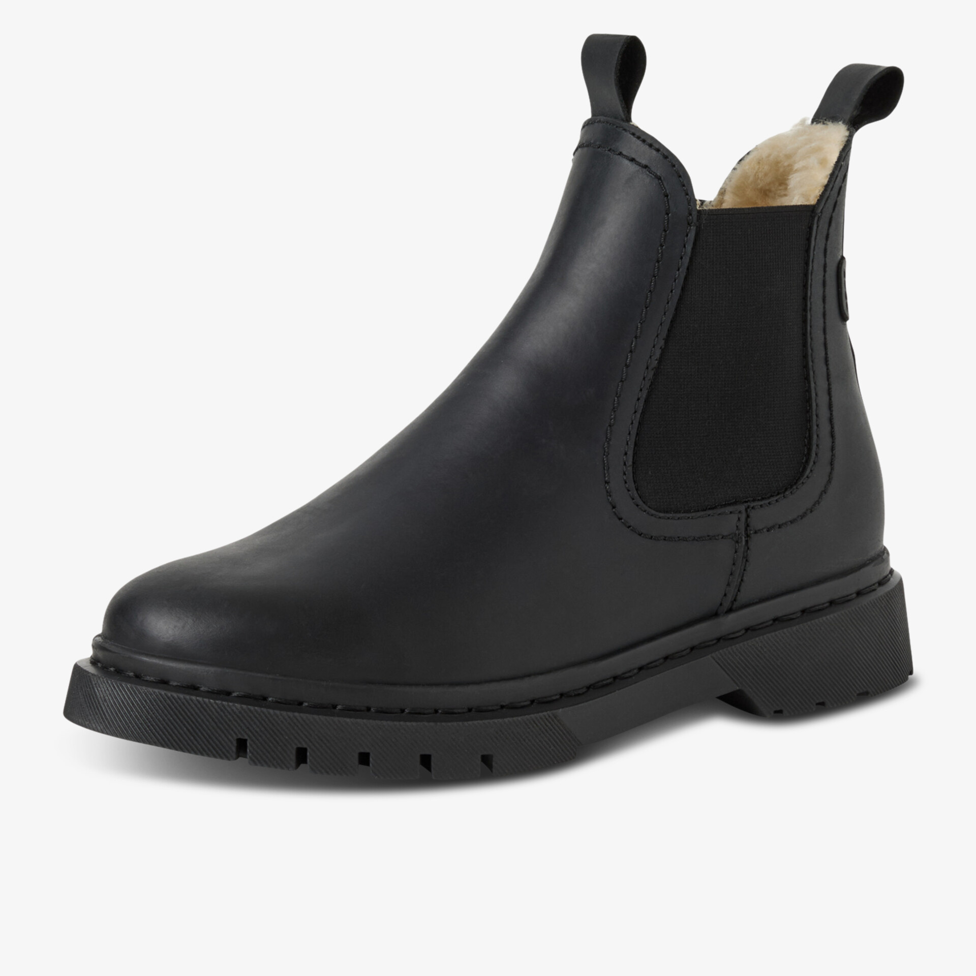 schwarzer Chelsea Boot aus glattem Leder mit elastischen Seiteneinsätzen und robuster Gummisohle, eleganter und bequemer Schuh