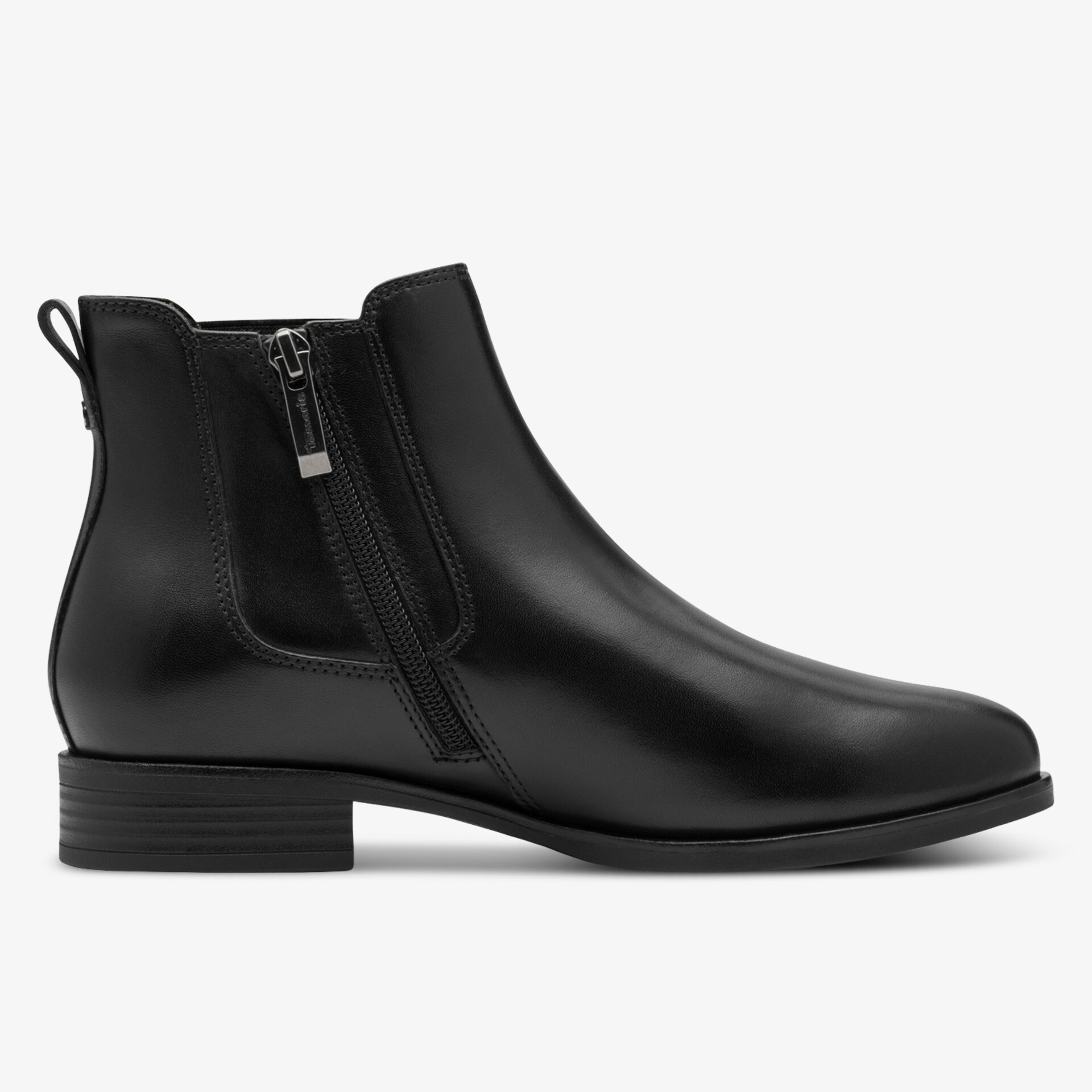 Schwarzer eleganter Lederstiefel mit seitlichem Reißverschluss und flachem Absatz, komfortable Passform
