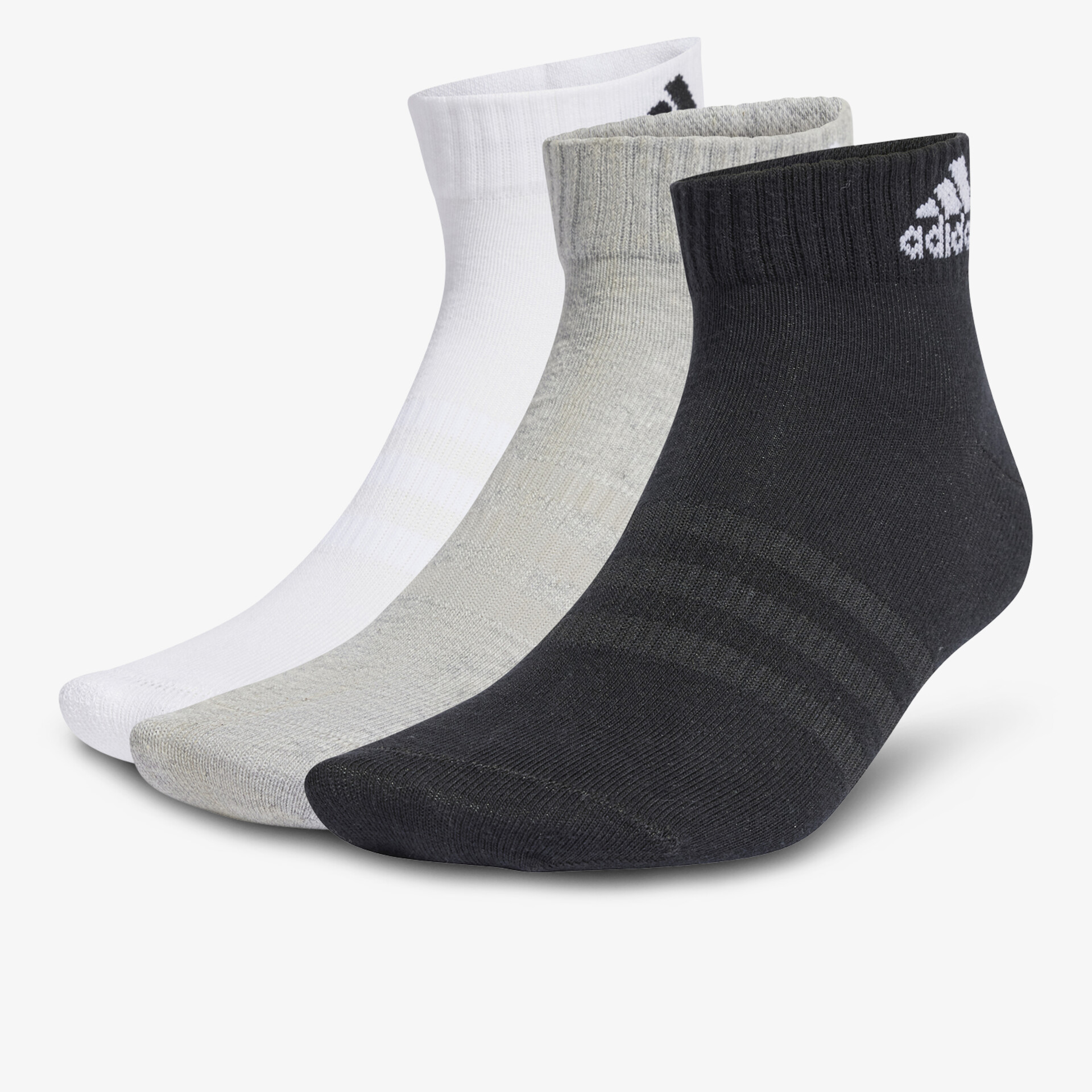 Drei Paar knöchelhohe Sportsocken in Weiß, Grau und Schwarz mit Adidas-Logo, bequem und atmungsaktiv