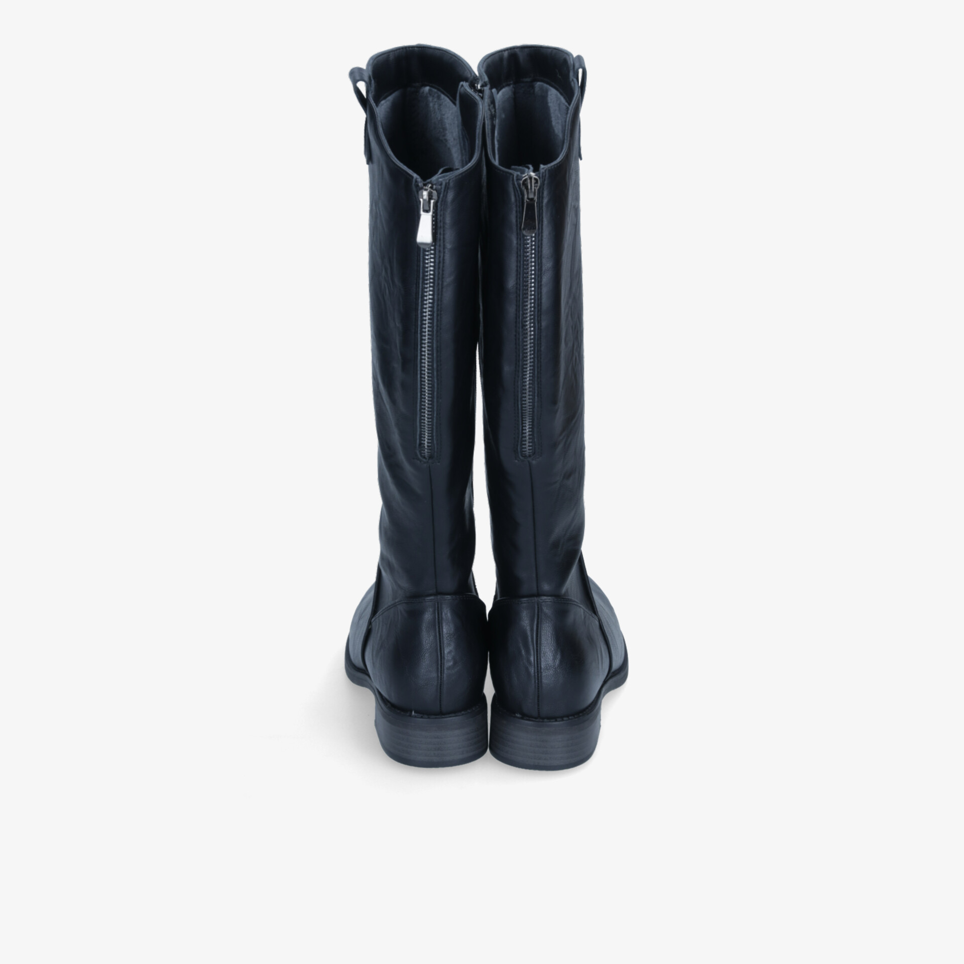 Blaue Stiefel mit hohem Schaft und stabilem Absatz aus robustem Material, Rückansicht mit funktionalem Reißverschluss
